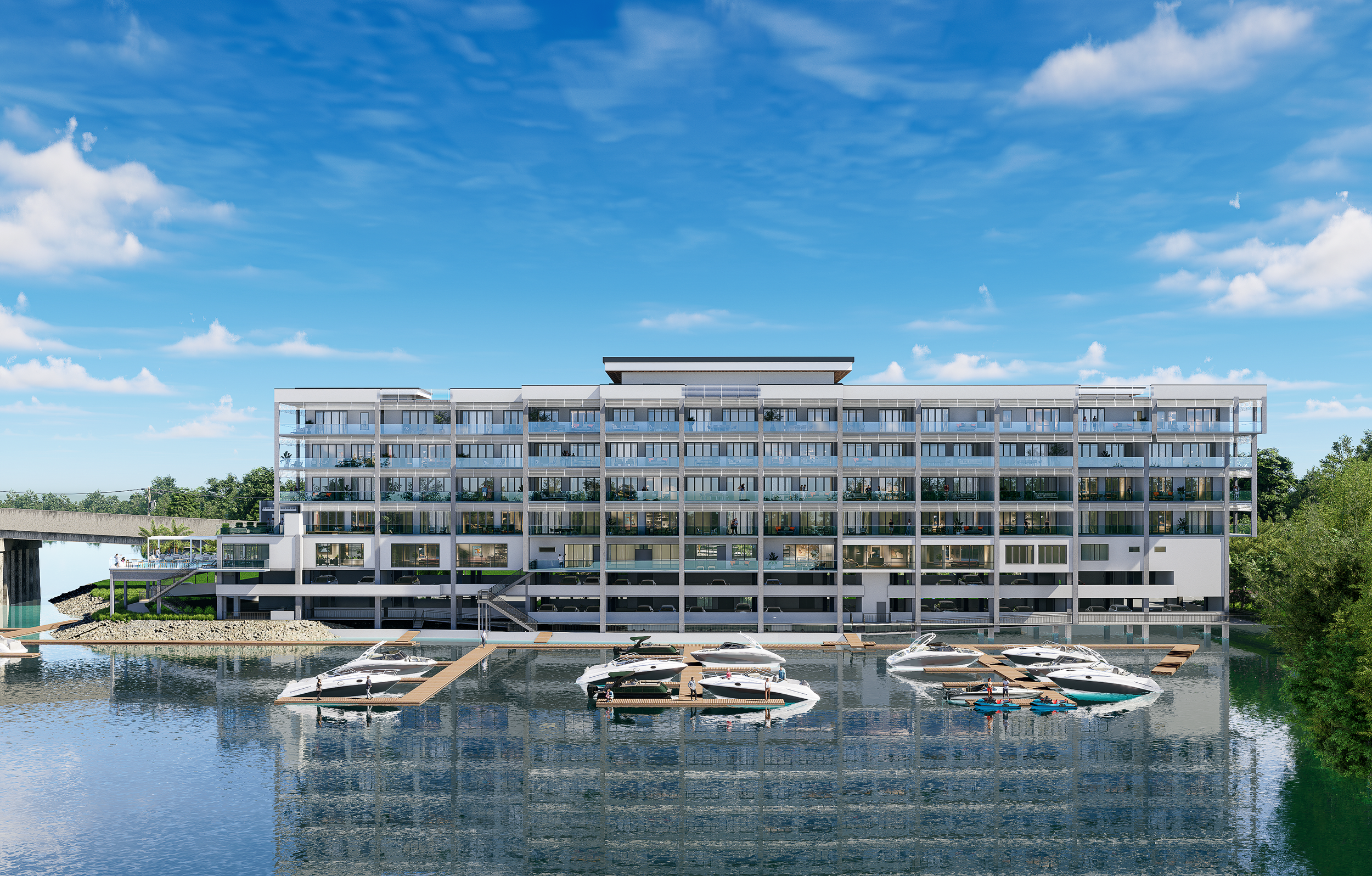3D renderings of modern multi-story residential building in Marco Island, FL with glass balconies, situated near a marina with boats, under a partly cloudy blue sky.