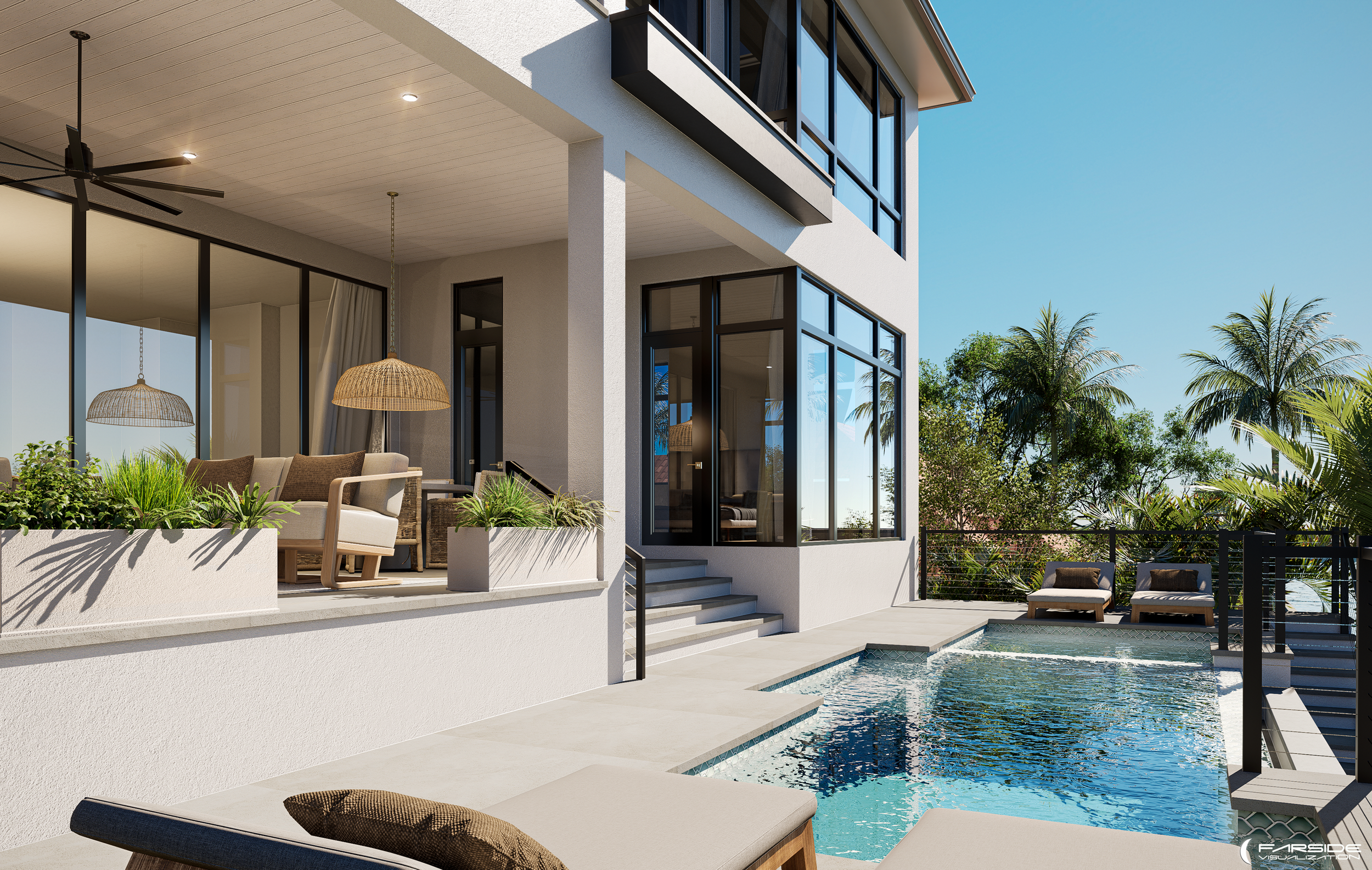 3D architectural rendering of a modern multi-story house in Marco Island, FL with large glass windows and a pool area with lounge chairs and potted plants under a covered patio with ceiling fans and lights.