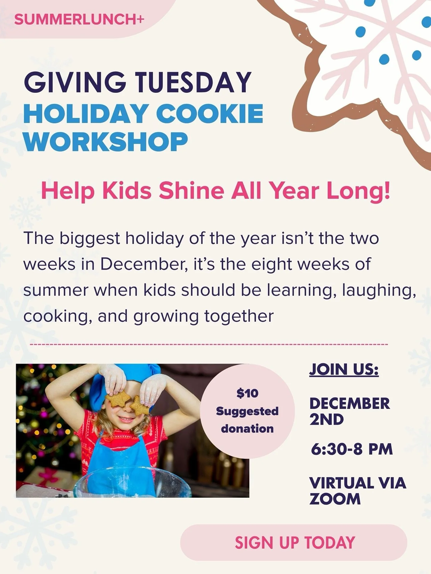 Come bake with us this holiday season! ✨🎄

Join us for a fun and festive kids&rsquo; baking workshop in support of @summerlunchplus programs for 2026! 🍪💛

We&rsquo;ll be making two holiday cookie recipes perfect for swaps, parties, or gifting insp