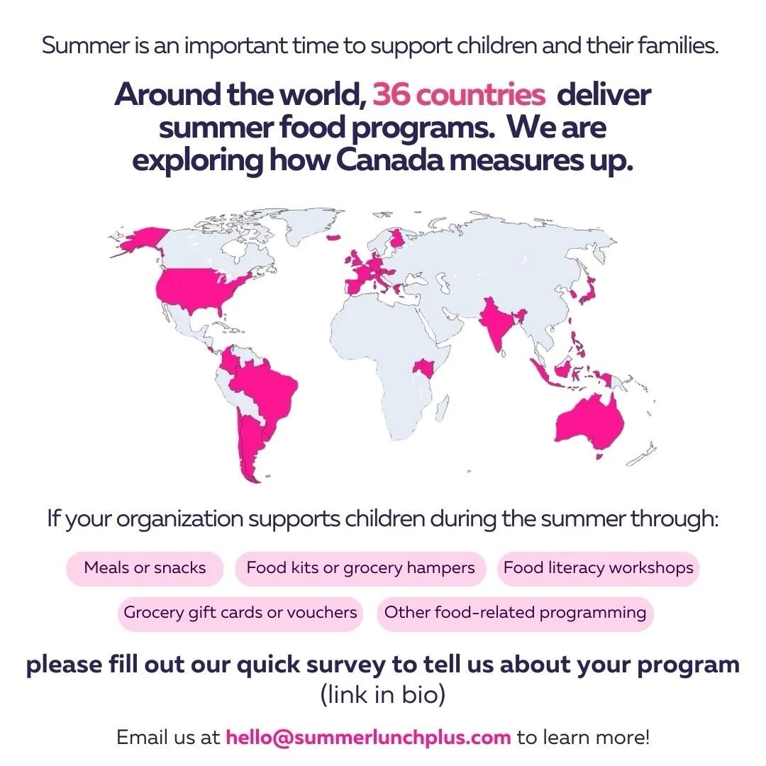 36 countries are already delivering some form of summer food programming for kids 🌎

We&rsquo;re connecting with organizations across Canada to learn how children and youth are being supported during school holidays and we&rsquo;d love to hear from 