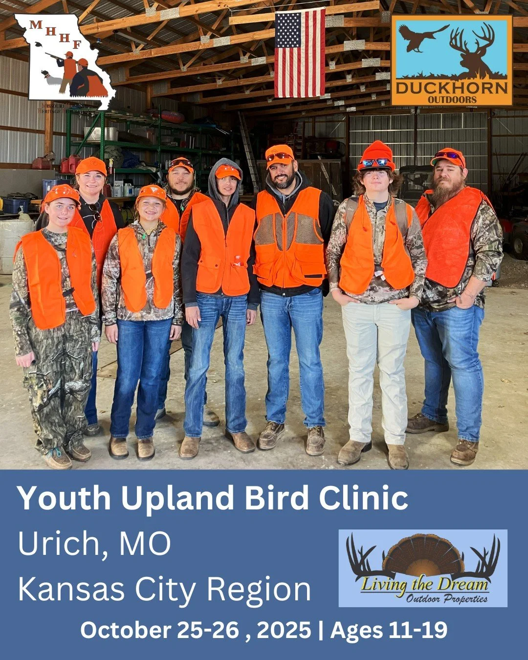 LEARN TO HUNT upland birds! We are hosting a Youth Upland Bird Clinic in Urich! Openings are for youth ages 11-19. This clinic will take place Oct. 25-26. Our clinics include Missouri's hunter education certification, shooting instruction and gun saf
