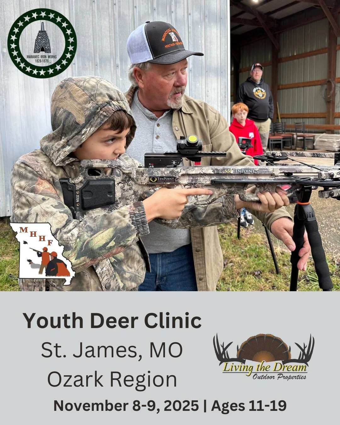 LEARN TO HUNT Deer! We are hosting a Youth Deer Clinic in St. James in partnership with the James Foundation, @maramecspring! Openings are for youth ages 11-19. This clinic will take place Nov. 8-9. Our clinics include Missouri's hunter education cer