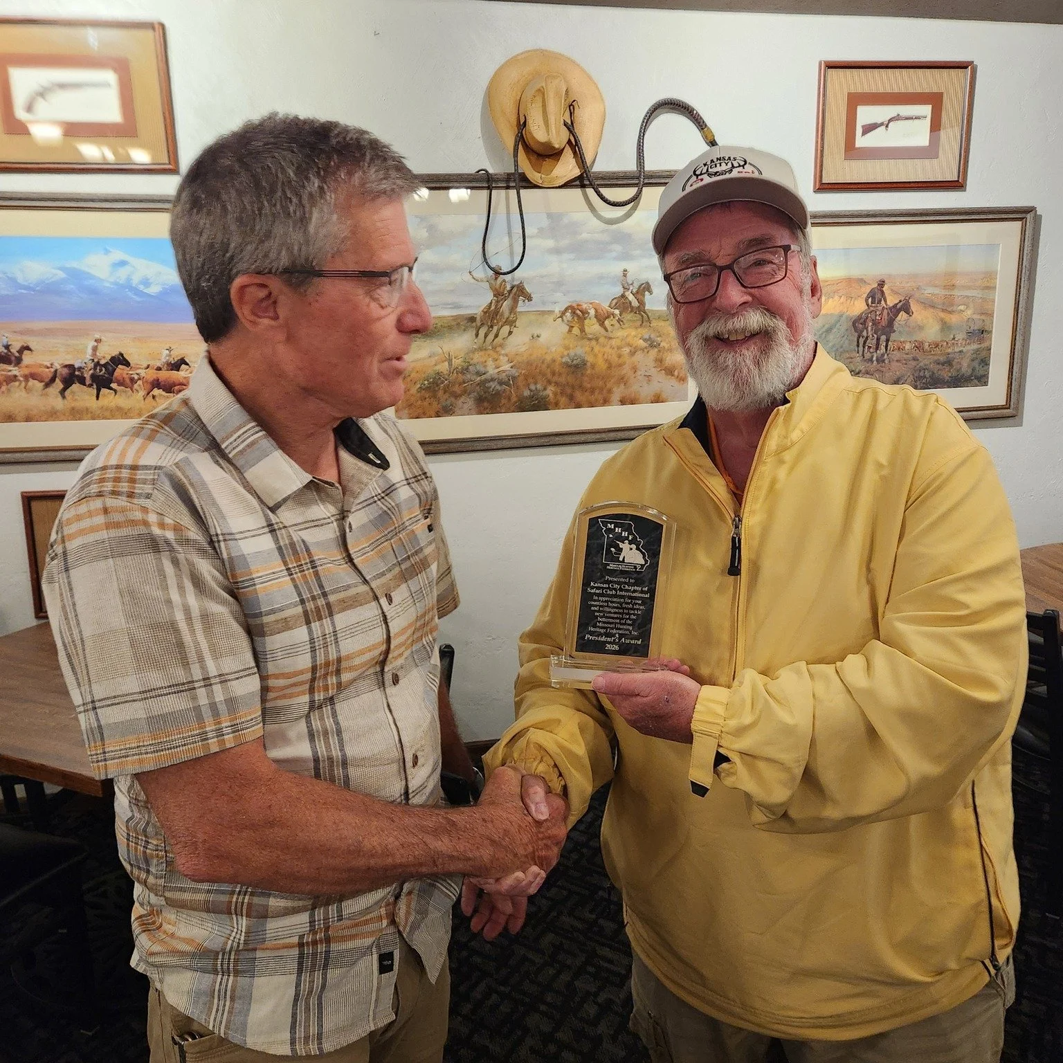 The Kansas City Chapter of Safari Club International received the President's Award at the MHHF Annual Membership Meeting. KCSCI President Charlie Austin was presented the award from MHHF President Michael Sauber. KCSCI and MHHF have partnered togeth