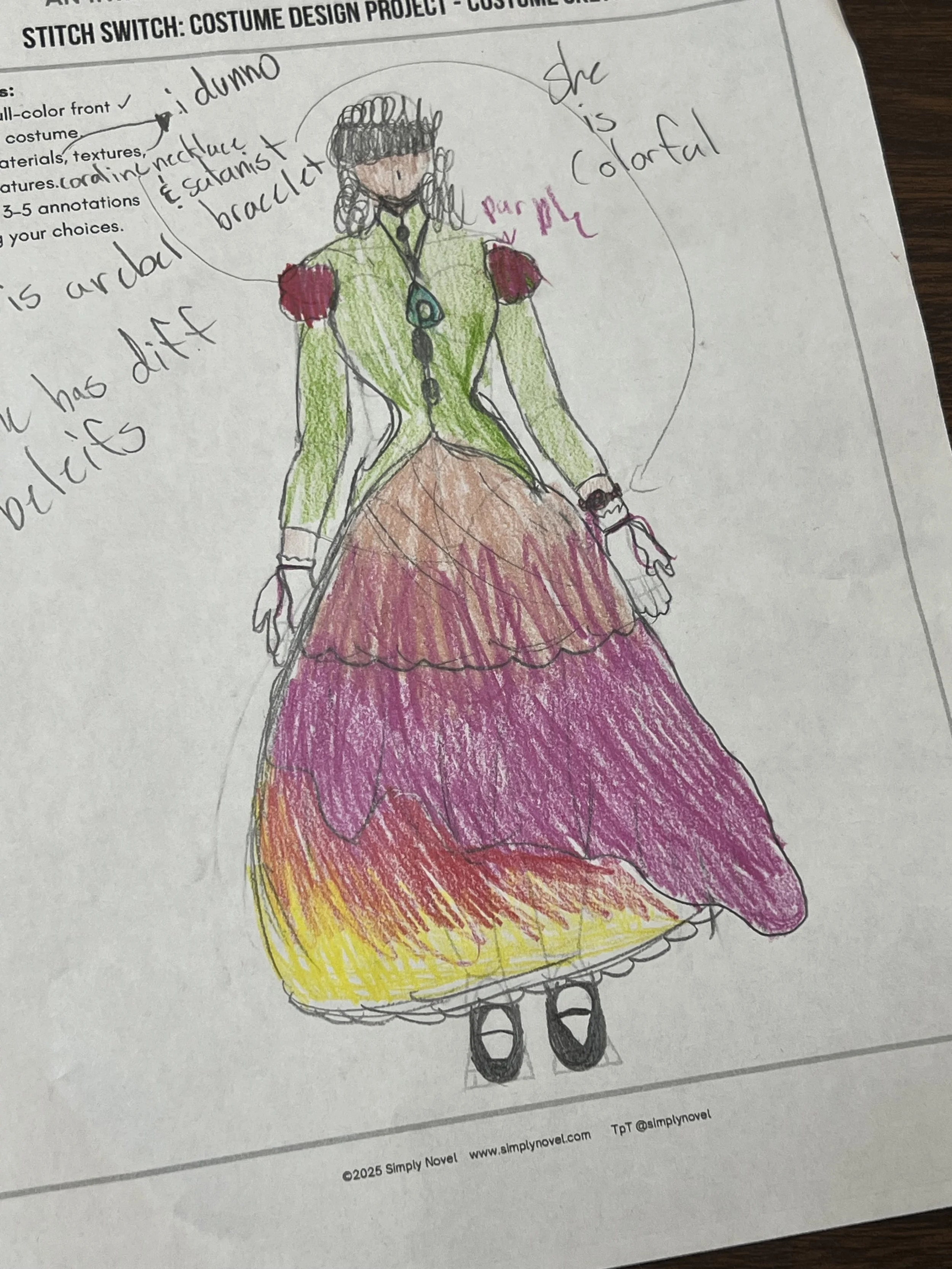 Colorful sketch of a person in a costume with green jacket, brown and pink layered skirt, black shoes, and handwritten notes around.