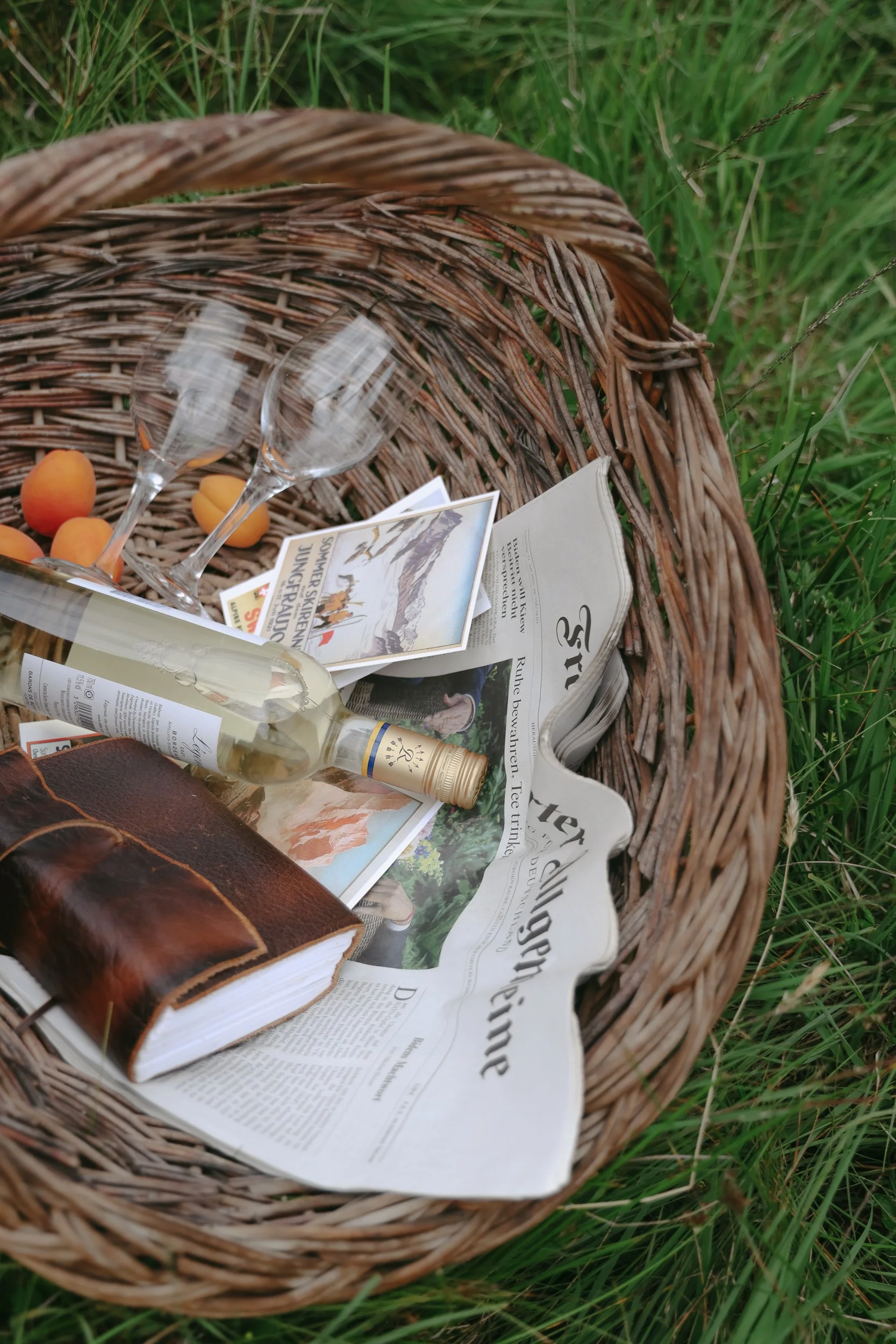 A wicker picnic basket in grass containing a bottle of white wine, two empty wine glasses, a calendar, a newspaper, a brown leather notebook, and some small apricots.