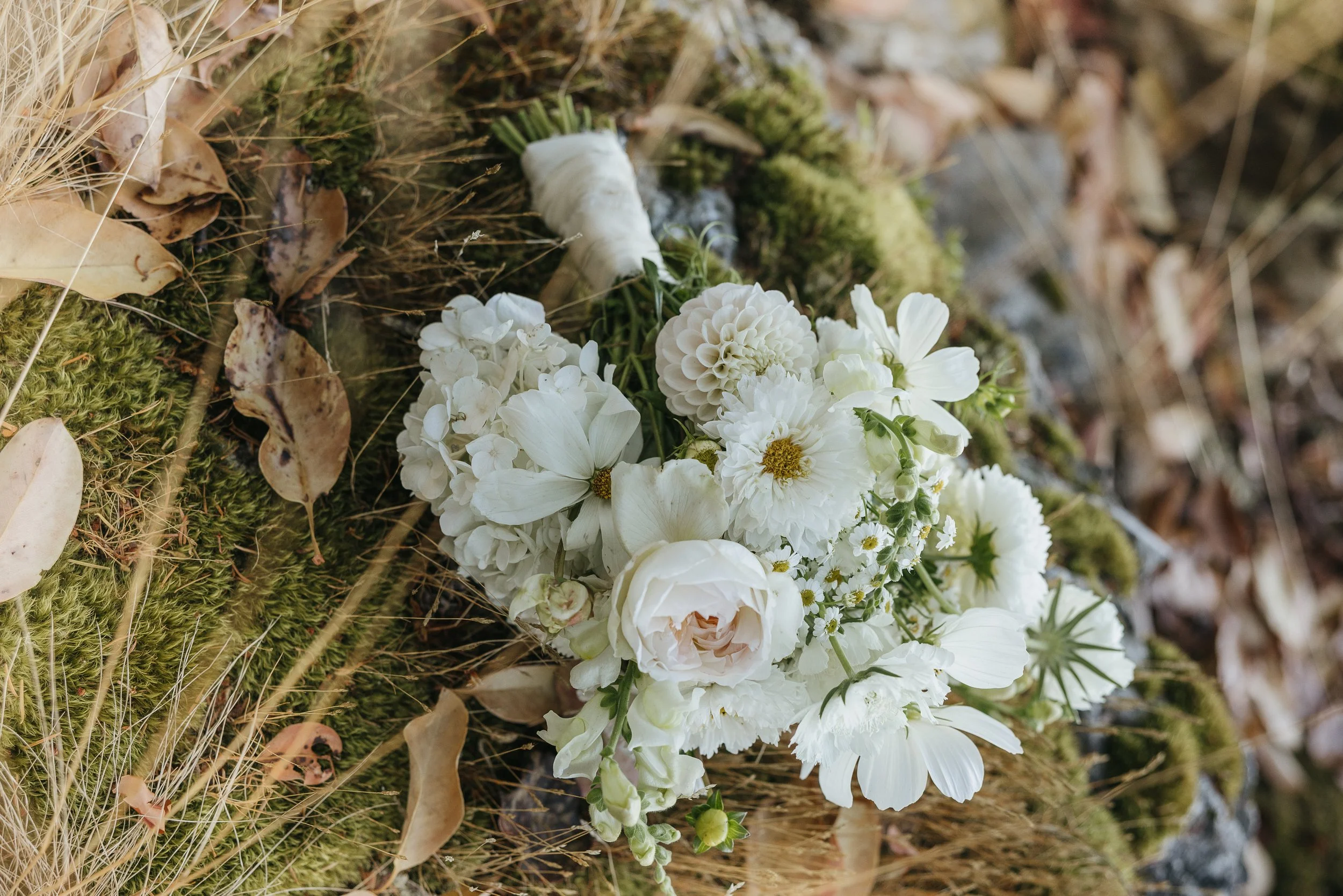 A small bouquet of white flowers resting on a mossy and leafy ground with dried leaves and grass surrounding it.
