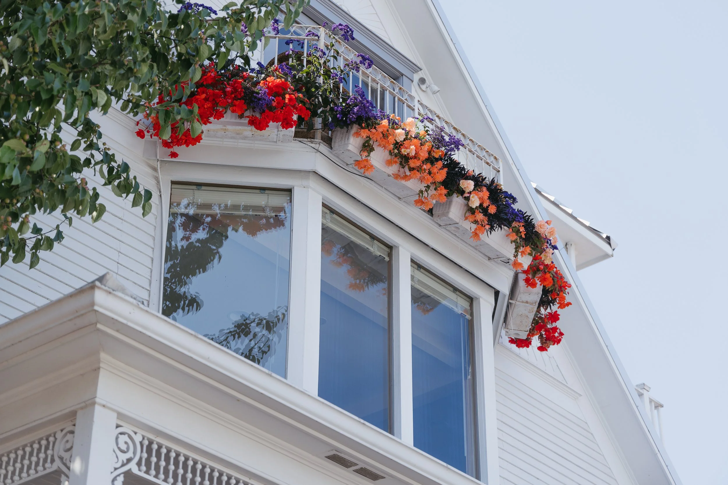 A white house with large windows and a balcony decorated with colorful flower boxes. The flowers include red, purple, orange, and pink blooms. A tree with green leaves is partially visible on the left side.