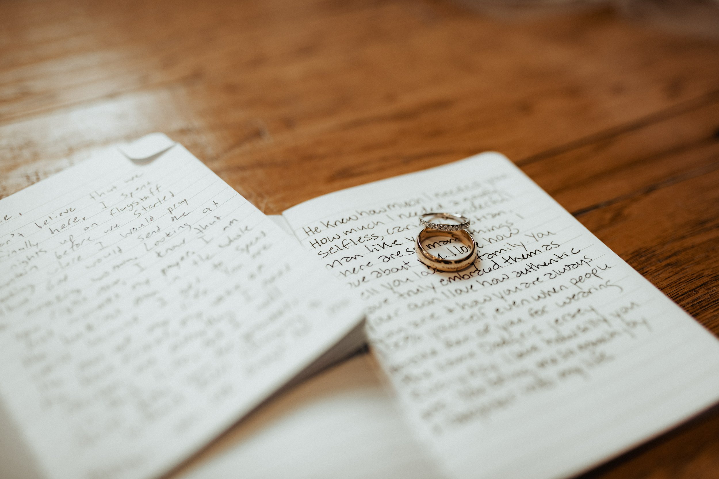 An open handwritten journal with two gold wedding rings resting on top of the right page on a wooden table.