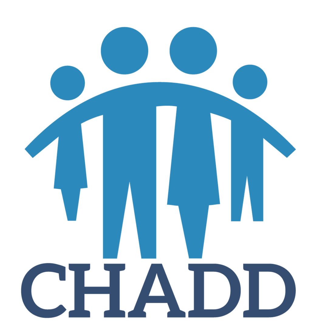 Logo for CHADD organization in blue, advocating and educating around ADHD in children and adults