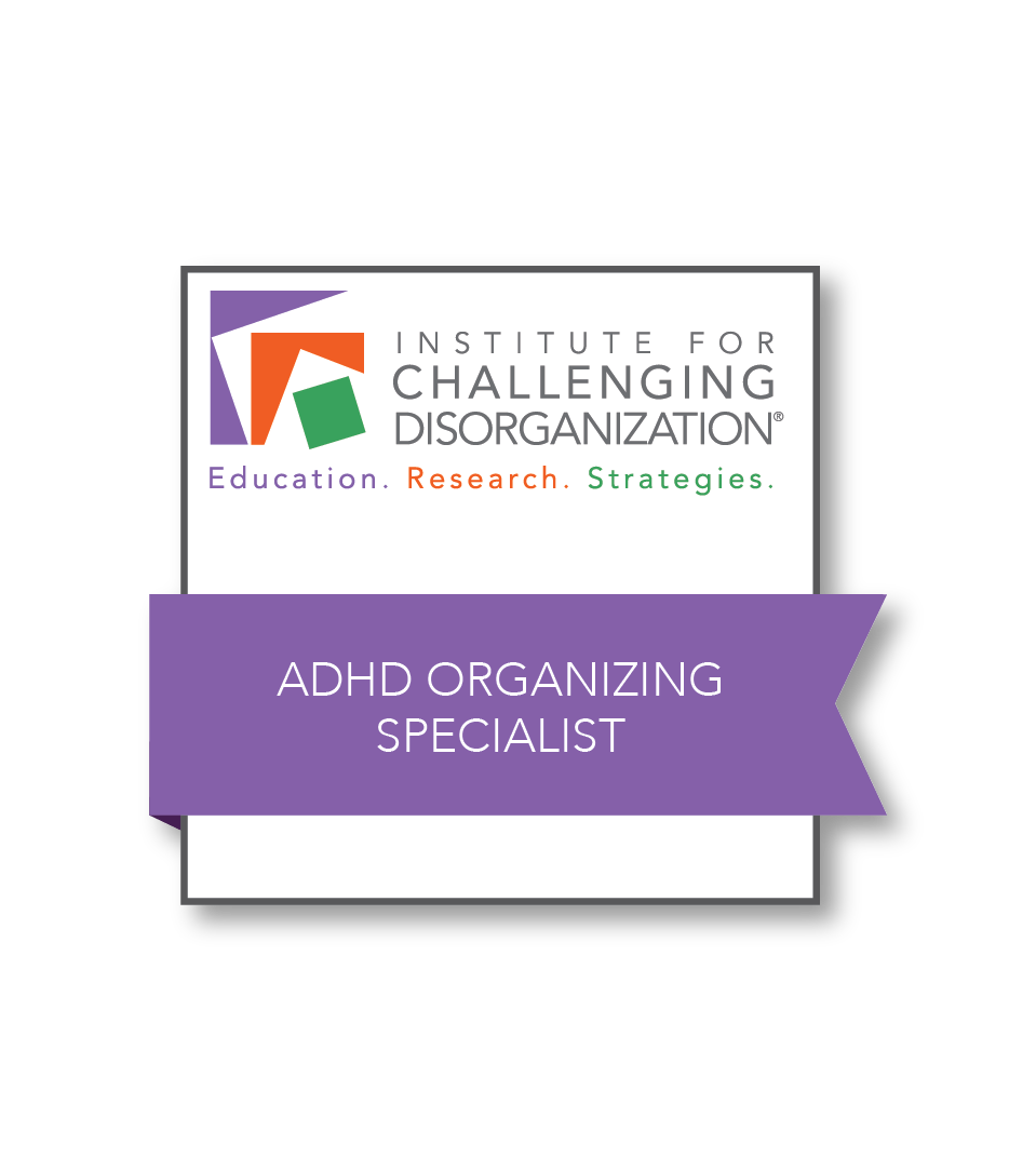 Logo for the Institute for Challenging Disorganization with the text 'ADHD Organizing Specialist' on a purple banner.