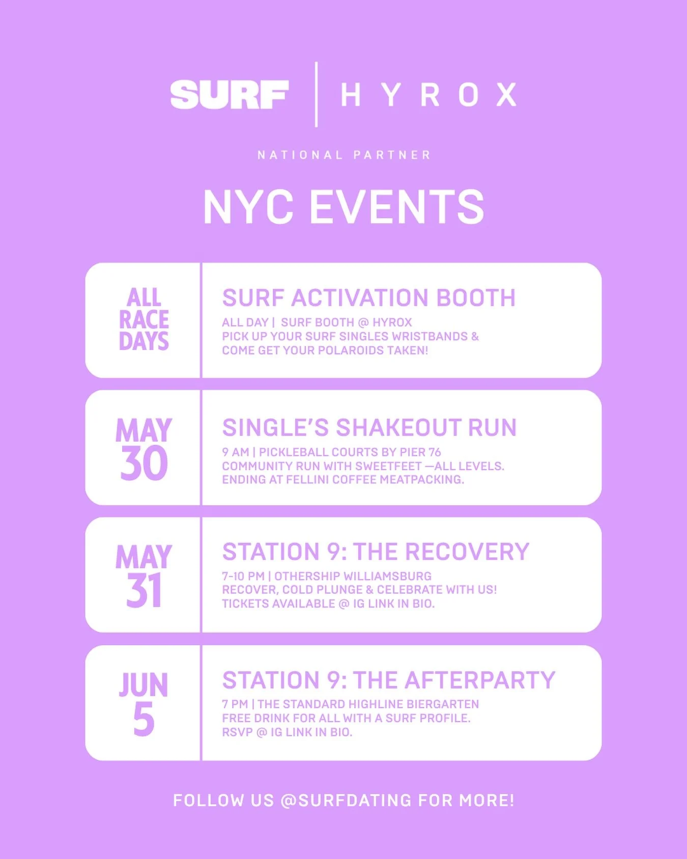 HEY NYC! 🗽 come join us IRL for 10 days of HYROX at:

⚡️ SURF Activation Booth in the HYROX Partner Village, to pick up your SURF Singles Wristbands &amp; have your polaroids taken!
⚡️ The NYC Singles Shakeout Run, with @sweetfeet.nyc &amp; ending a