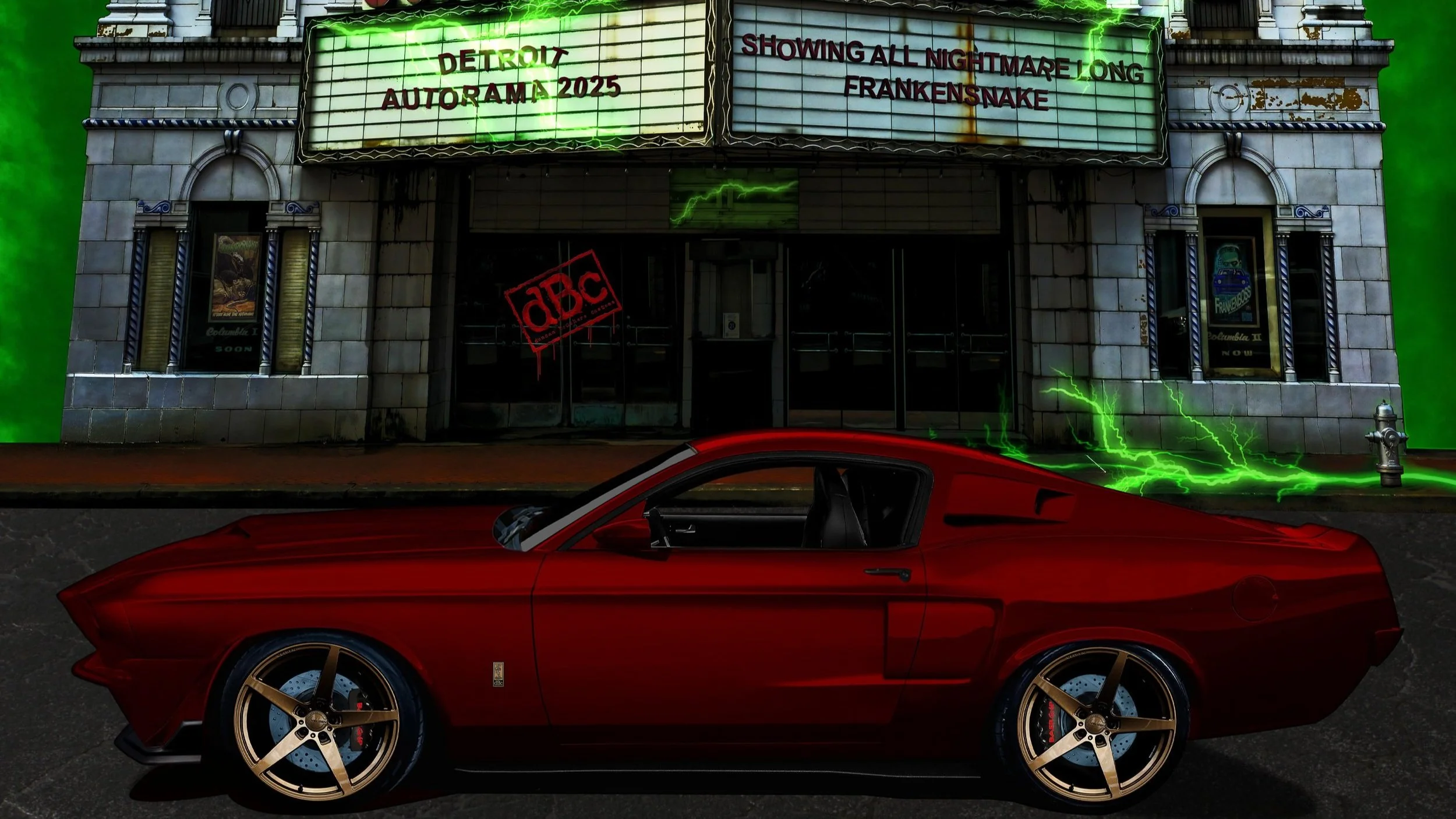 A red sports car parked in front of a theater with neon signs and green lightning effects in the sky and on the ground.