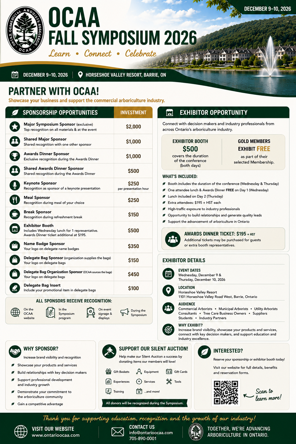 Poster for OCAA fall symposium 2026 on December 9-10, 2026, at Horseshoe Valley Resort, Barrie, Ontario, highlighting sponsorship and exhibitor opportunities, conference details, and benefits for industry professionals involved in arborecology.
