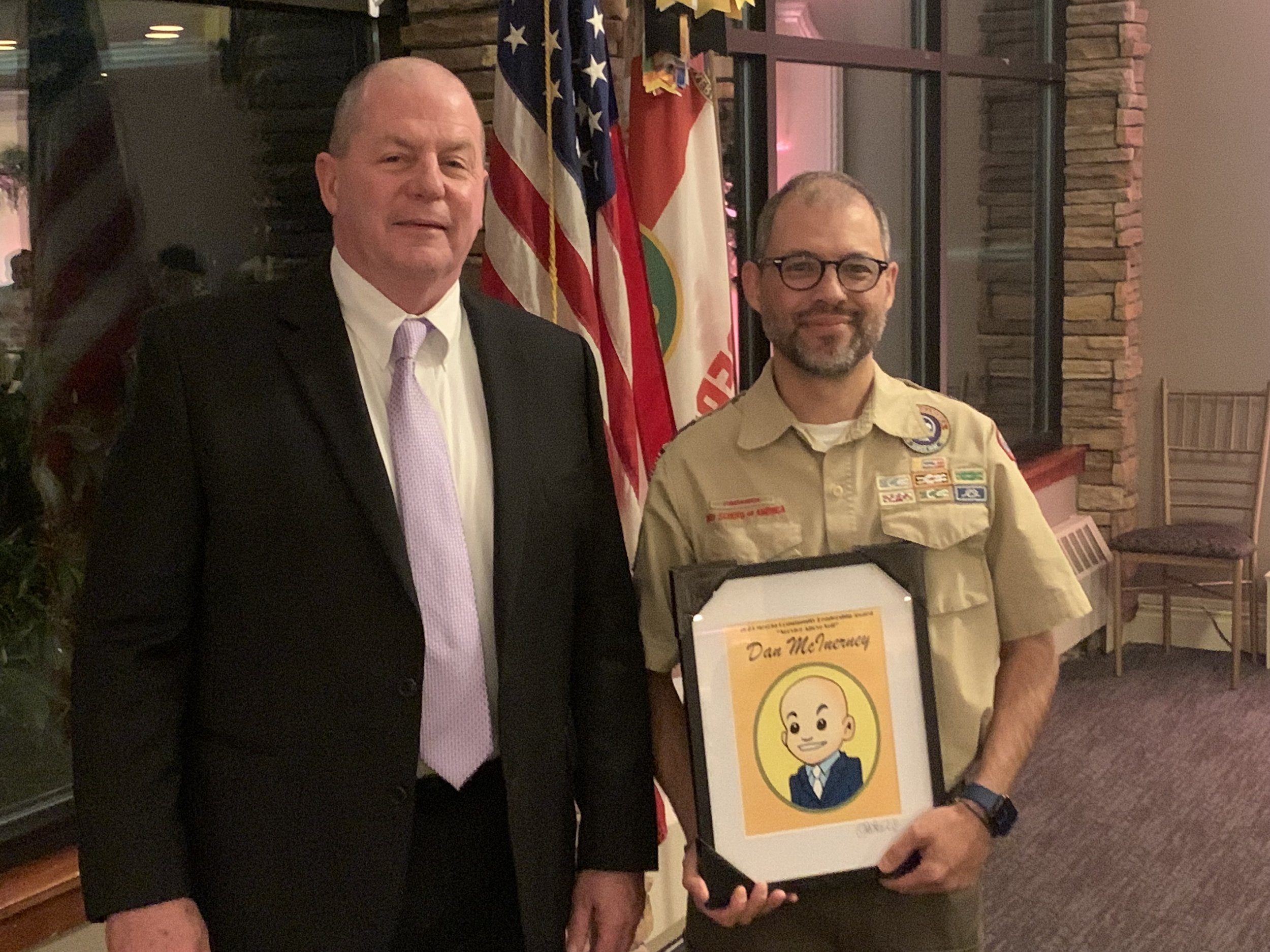 Left to right: Dan W. McInerney, Business Manager for International Brotherhood of Electrial Workers Local 488 with Dave Mestre President of the Fund presenting the Community Leadership Award.