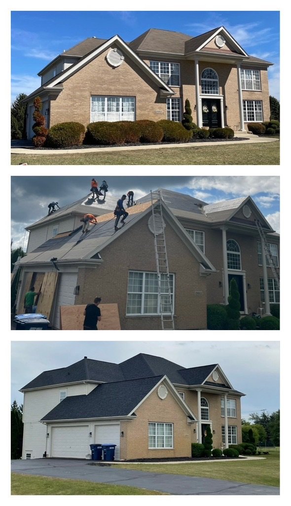 Sequence of three images of a house. The first image shows the house completed with brick exterior, well-maintained landscaping, and clear weather. The second image shows the house under construction, with workers installing the roofing and scaffolding around the roof. The third image shows the finished house with white siding, new roofing, and a clean driveway with trash bins.