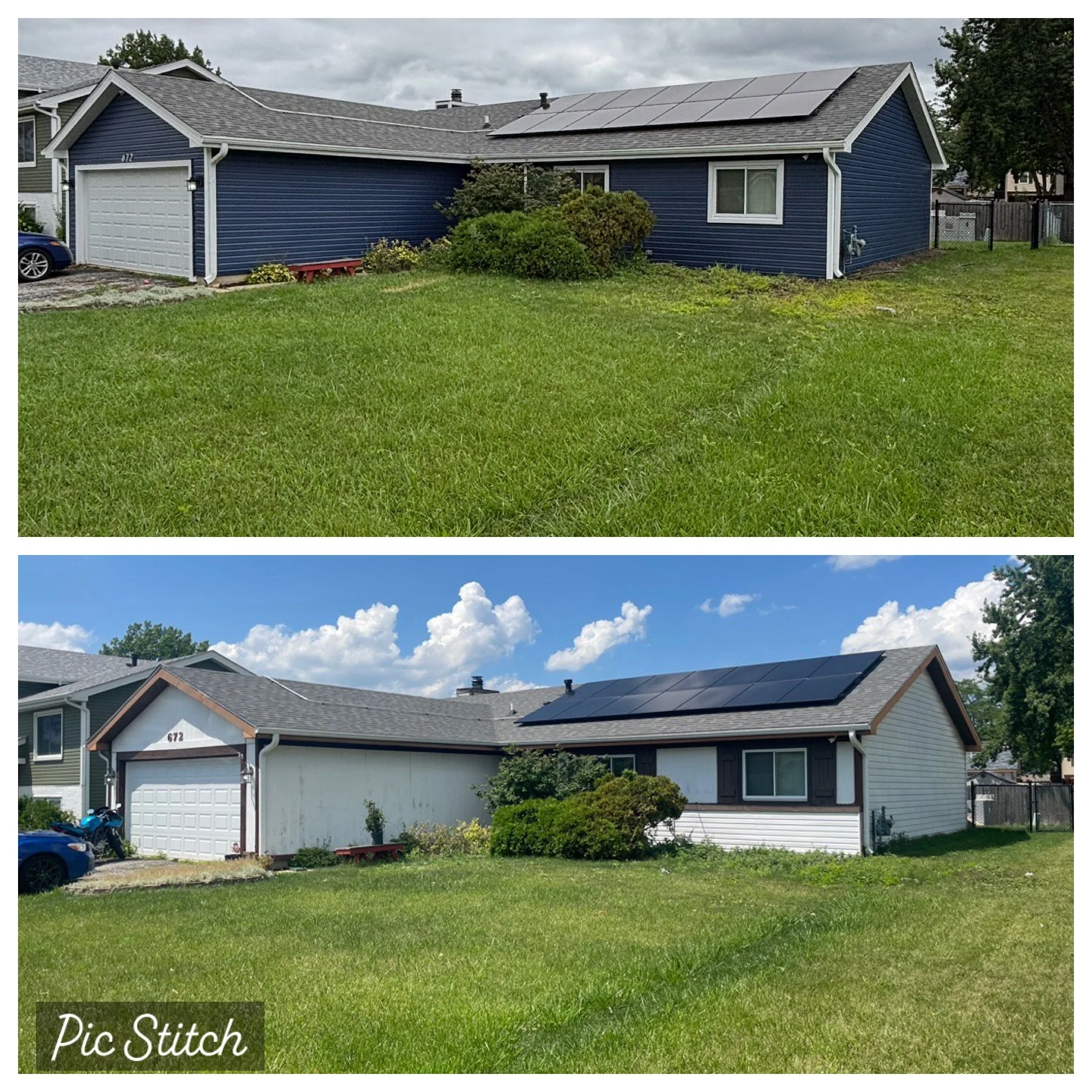 Comparison of a house with blue siding before and after painting, featuring solar panels on the roof, a green lawn, bushes, and clouds in the sky.