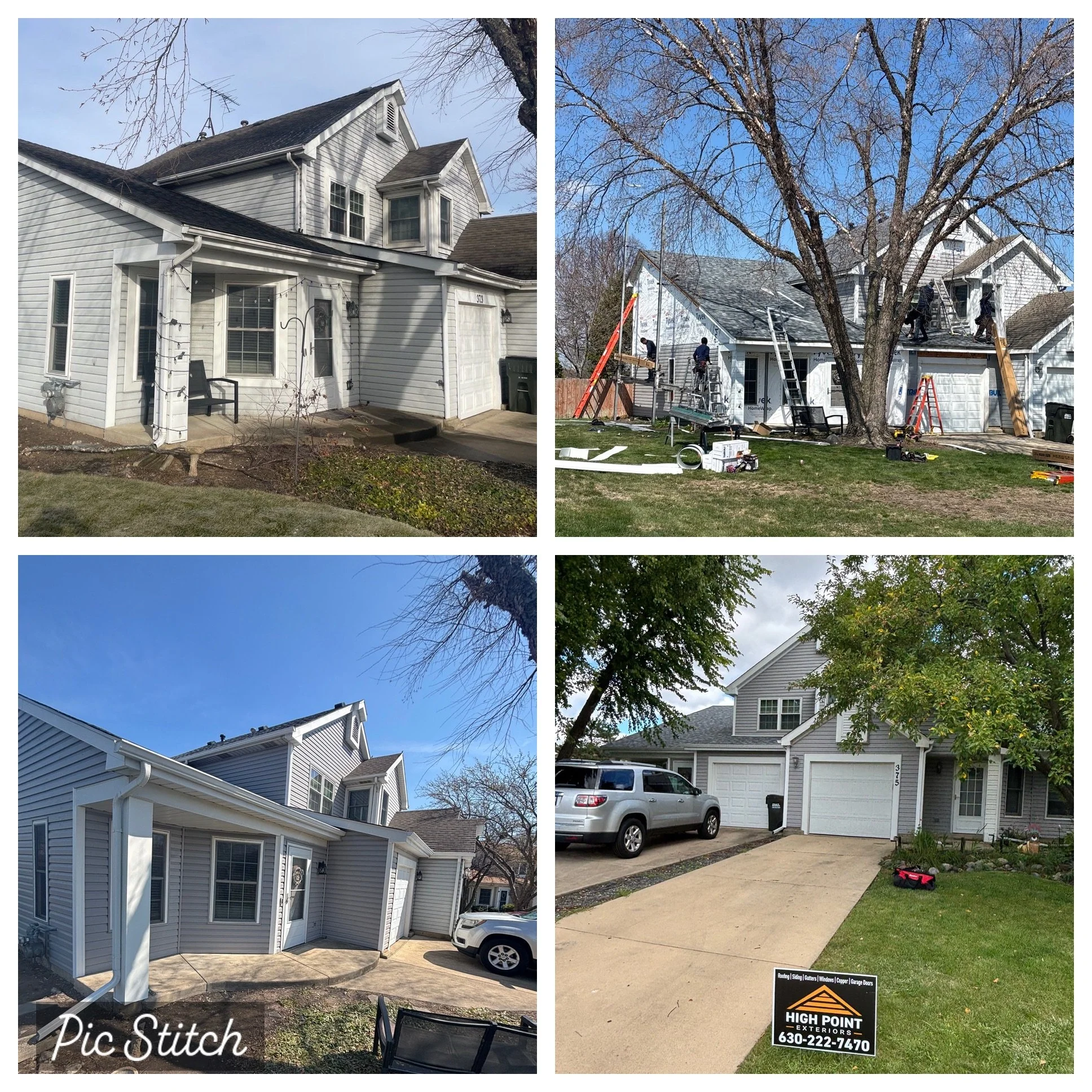 Sequence of four photos showing a house undergoing exterior renovation. The top left photo shows the house before work, with siding and windows visible. The top right photo depicts construction workers installing new siding and roofing materials. The bottom left photo shows partial exterior updates with new siding and clean windows. The bottom right photo displays the completed house with fresh siding, a clean driveway, a car parked in the driveway, and a sign for High Point Exteriors.