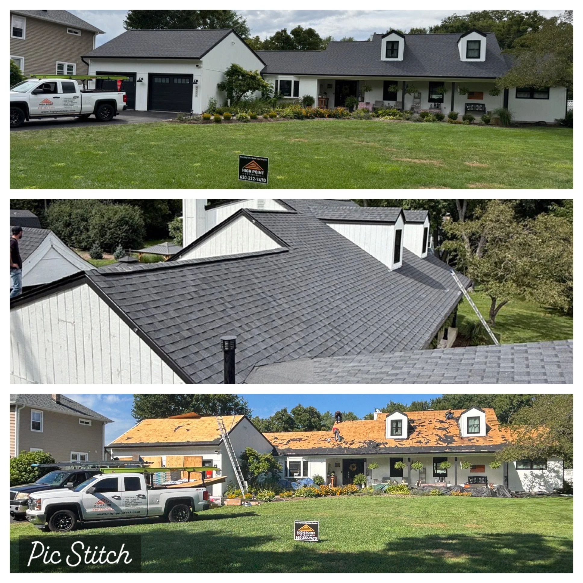 Sequence of three images showing a house roof renovation. The first image shows an undamaged roof with a truck parked in front. The second image displays the roof during replacement with new shingles being installed. The third image shows workers installing a new roof with wooden sheathing on the roof and a truck parked outside.