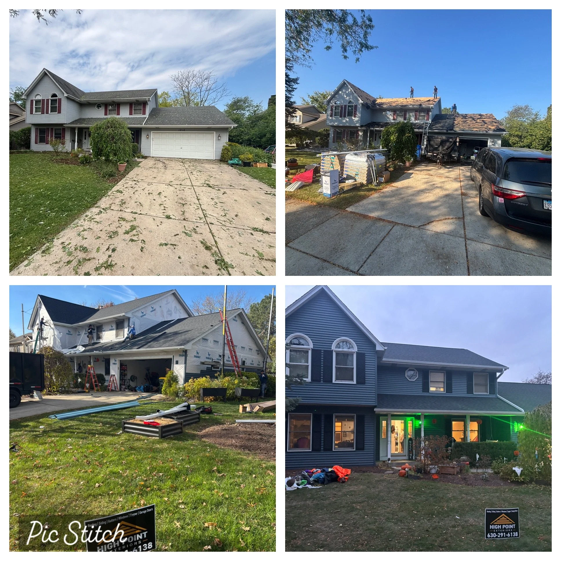 Sequence of four images showing home construction and renovation. The first image depicts a finished house with a driveway and front yard. The second shows the house during roofing renovation with workers on the roof and construction materials around. The third displays the house with roofing installation in progress, scaffolding, and construction personnel. The fourth features the completed house with exterior lighting and decorations in the evening.