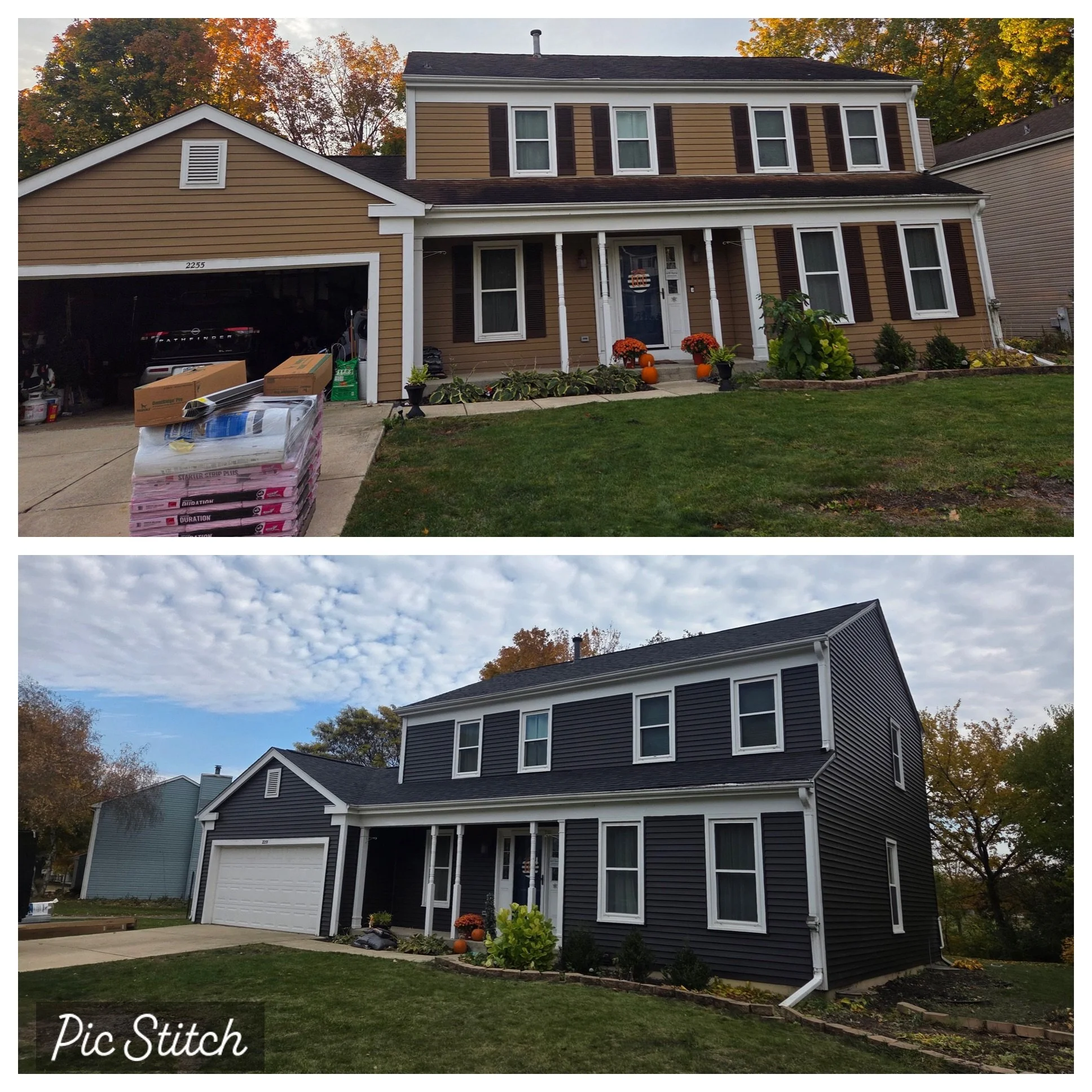 Before and after photos of a house renovation, showing the house's exterior with dark gray siding after repainting, and decorated with pumpkins and flowers in front of the entrance.