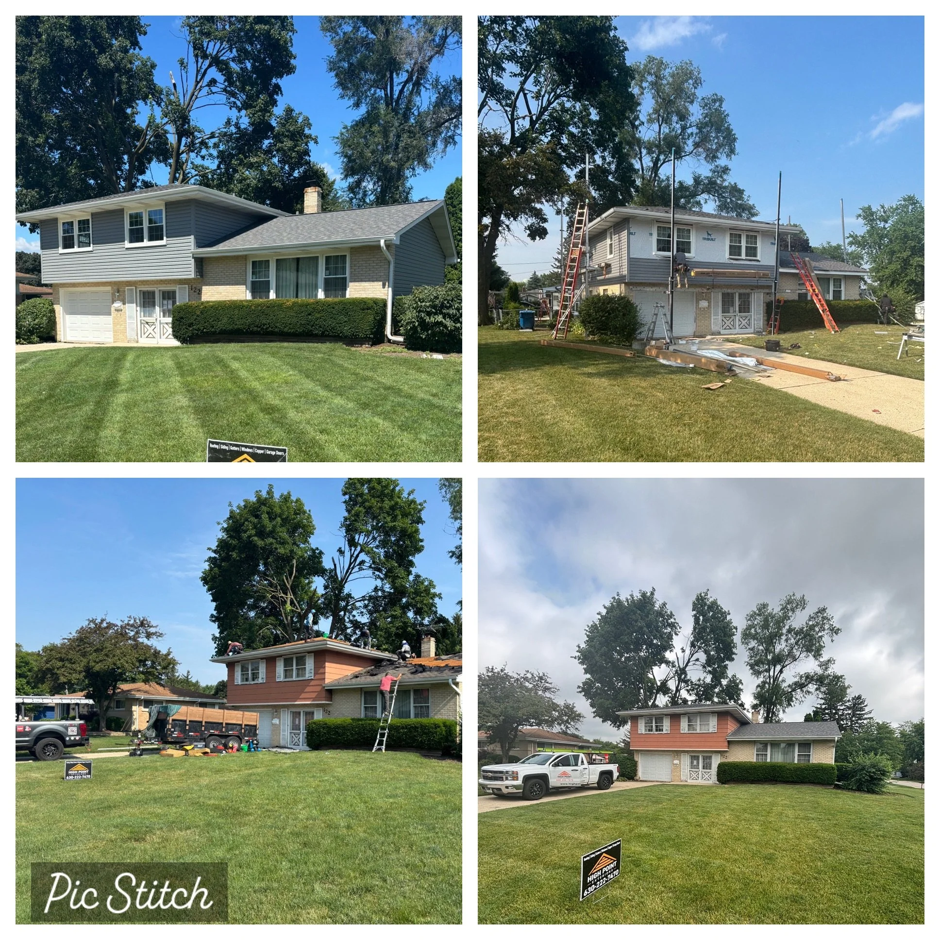 Progression of house painting transformation showing initial clean house, ongoing painting work on the exterior walls, and finished painted house with the sign "Pic Stitch" in the corner.