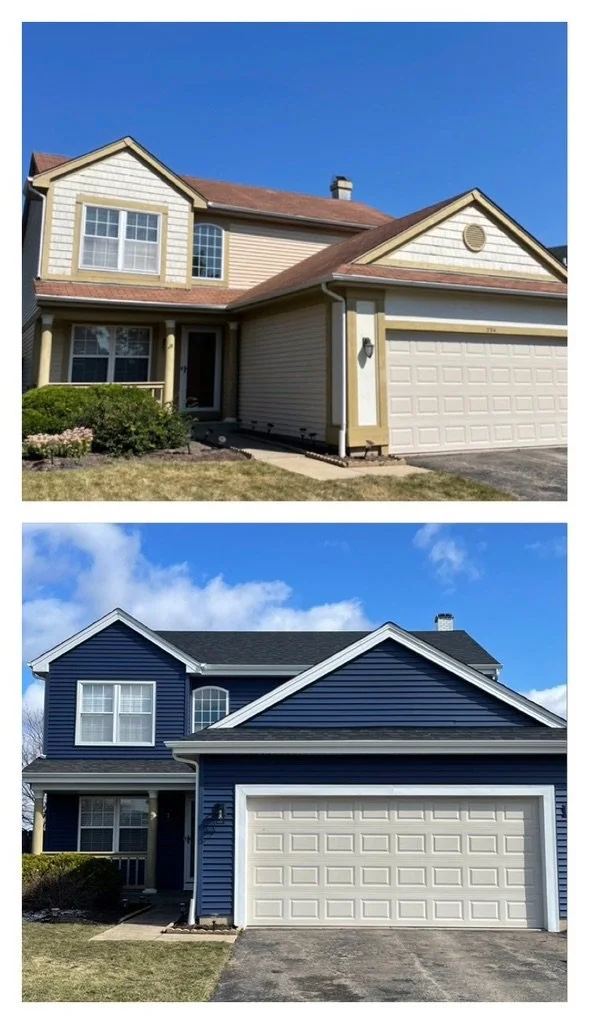 Two houses, with the top house painted in beige with tan siding and the bottom house painted in navy blue. Both have two stories, attached garages, and similar architectural styles.