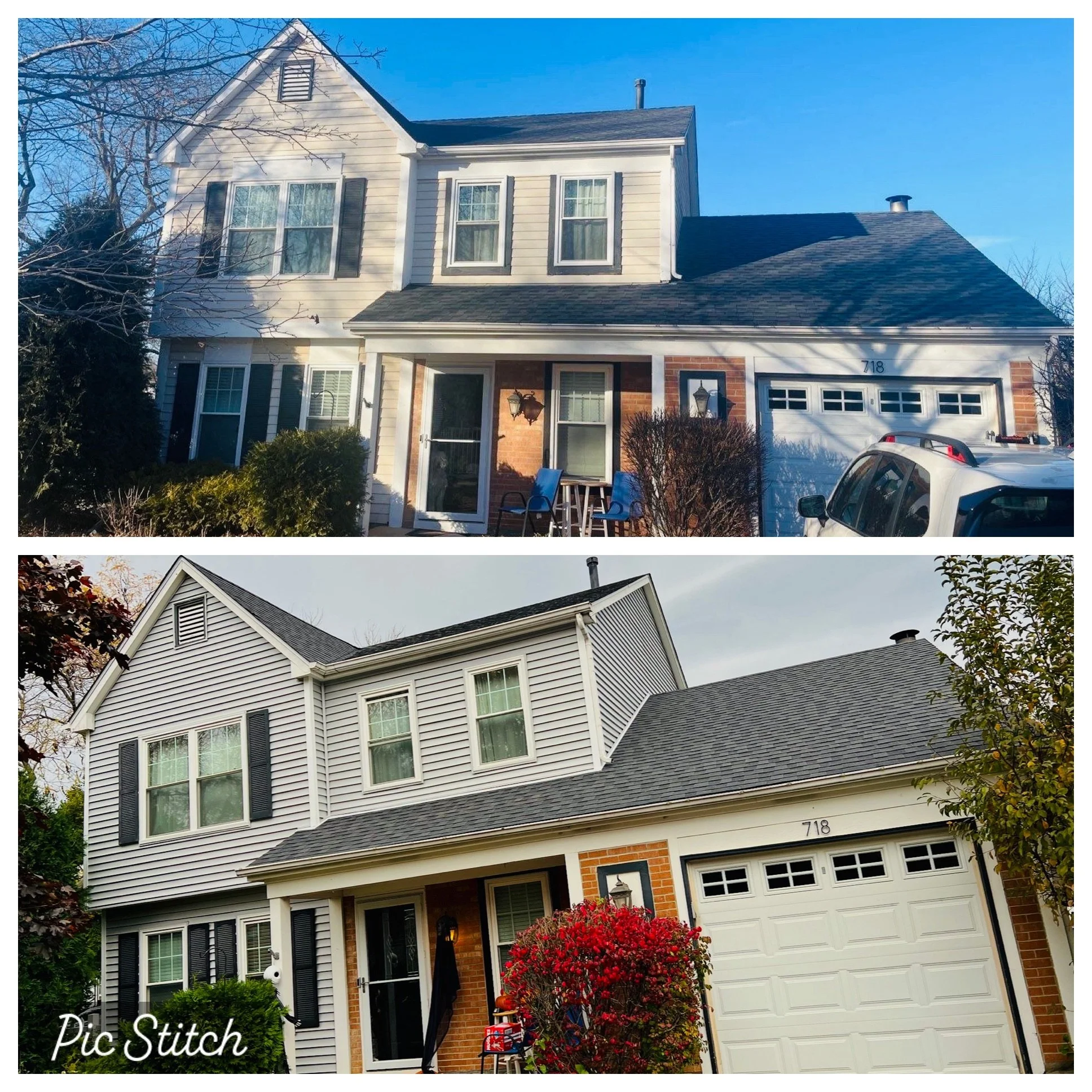 Comparison of a house before and after renovation, showing improved exterior with new siding, shutters, and landscaping.