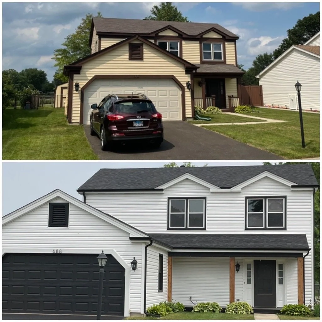 Side-by-side comparison of two houses, showcasing different exterior styles. The first house is beige with brown trim, a garage, a black car parked in the driveway, and a front porch, set in a lush yard with a lamp post. The second house is white with black and wooden accents, a large black garage door, and a front porch, surrounded by a well-kept yard and two lamp posts.