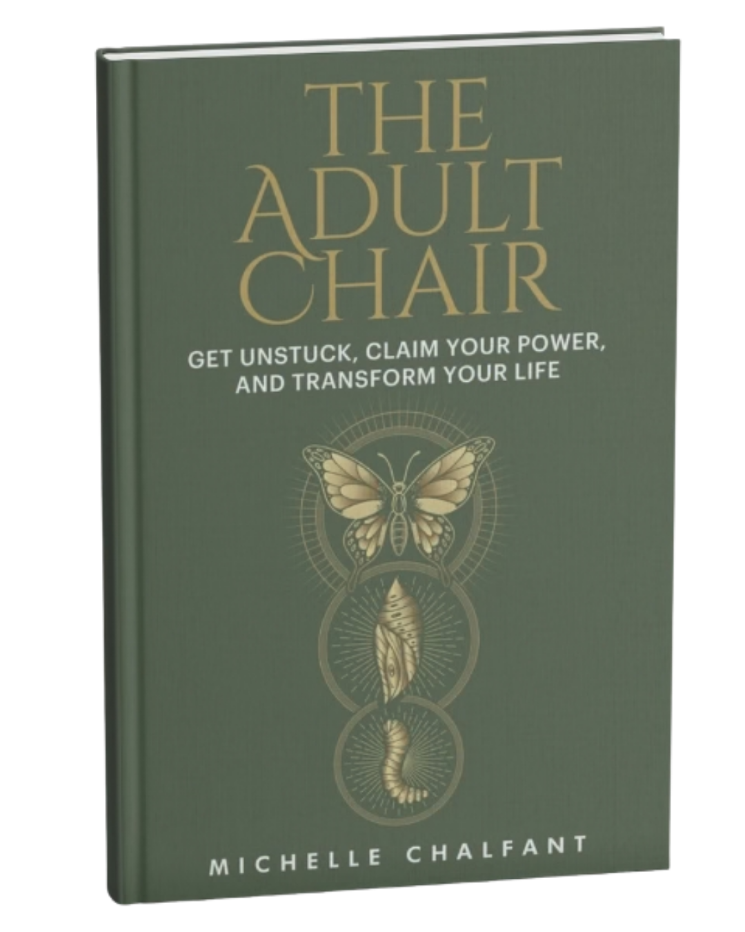 Green book cover titled 'The Adult Chair' by Michelle Chalfant, featuring a butterfly, a conch shell, and a caterpillar illustration with the subtitle 'Get unstuck, claim your power, and transform your life'.