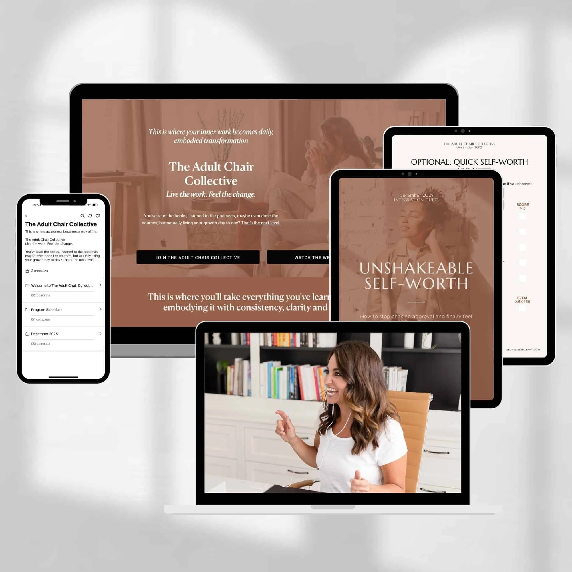 Multiple digital devices display online self-improvement courses, including a woman smiling while participating in a virtual session.