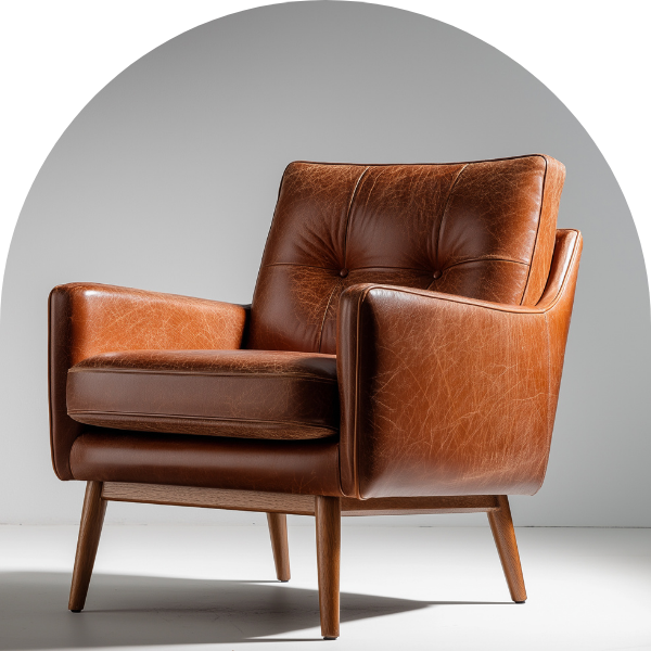 Brown leather armchair with wooden legs against a neutral background.