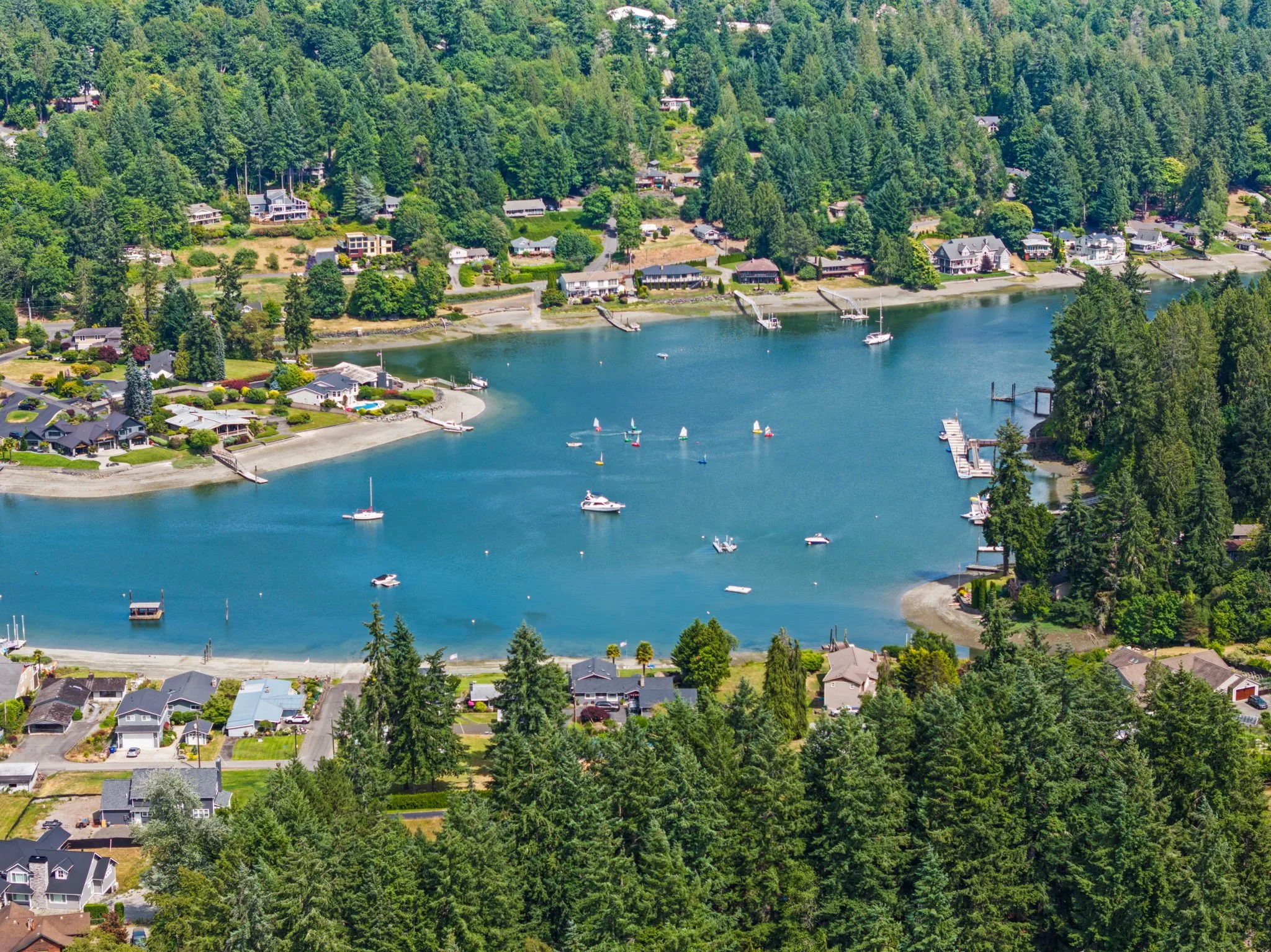 Aerial view of a lake surrounded by houses and forest, with sailboats and yachts on the water.