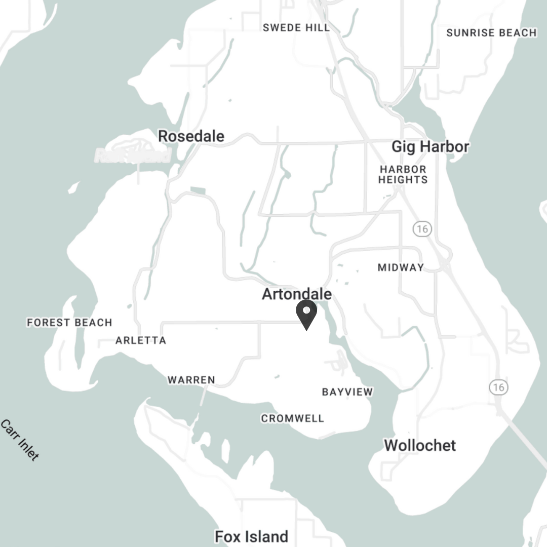 Map showing the area around Artondale, Texas, including nearby neighborhoods such as Forest Beach, Arletta, Warren, Cromwell, Bayview, and Wollochet, with the Carrr Inlet to the southwest.