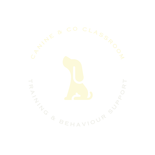 Logo with a dog silhouette surrounded by the text 'Canine & Co Classroom Training & Behaviour Support' on a black background.
