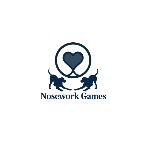 Logo of Nosework Games with a heart connected by two dog silhouettes below the text.
