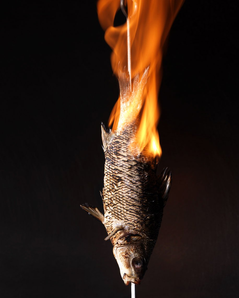 Food Stylist Charlotte Omnes & Photographer Francine Zaslow-A fish on fire, impaled on a skewer against a black background.
