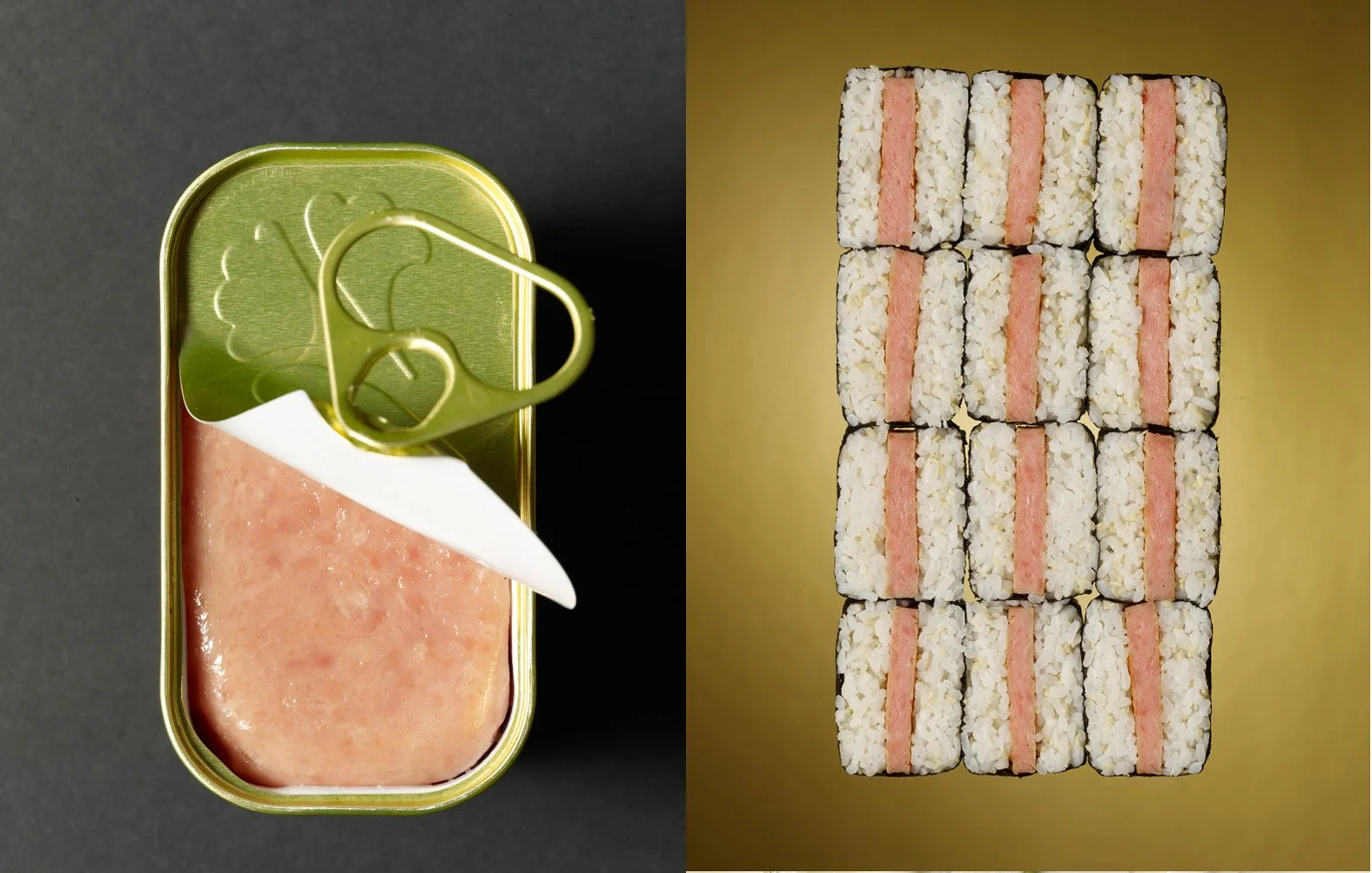 Food Stylist Charlotte Omnes & Photographer Beth Galton-A can of SPAM with an open lid next to musubi sushi pieces on a gold background.
