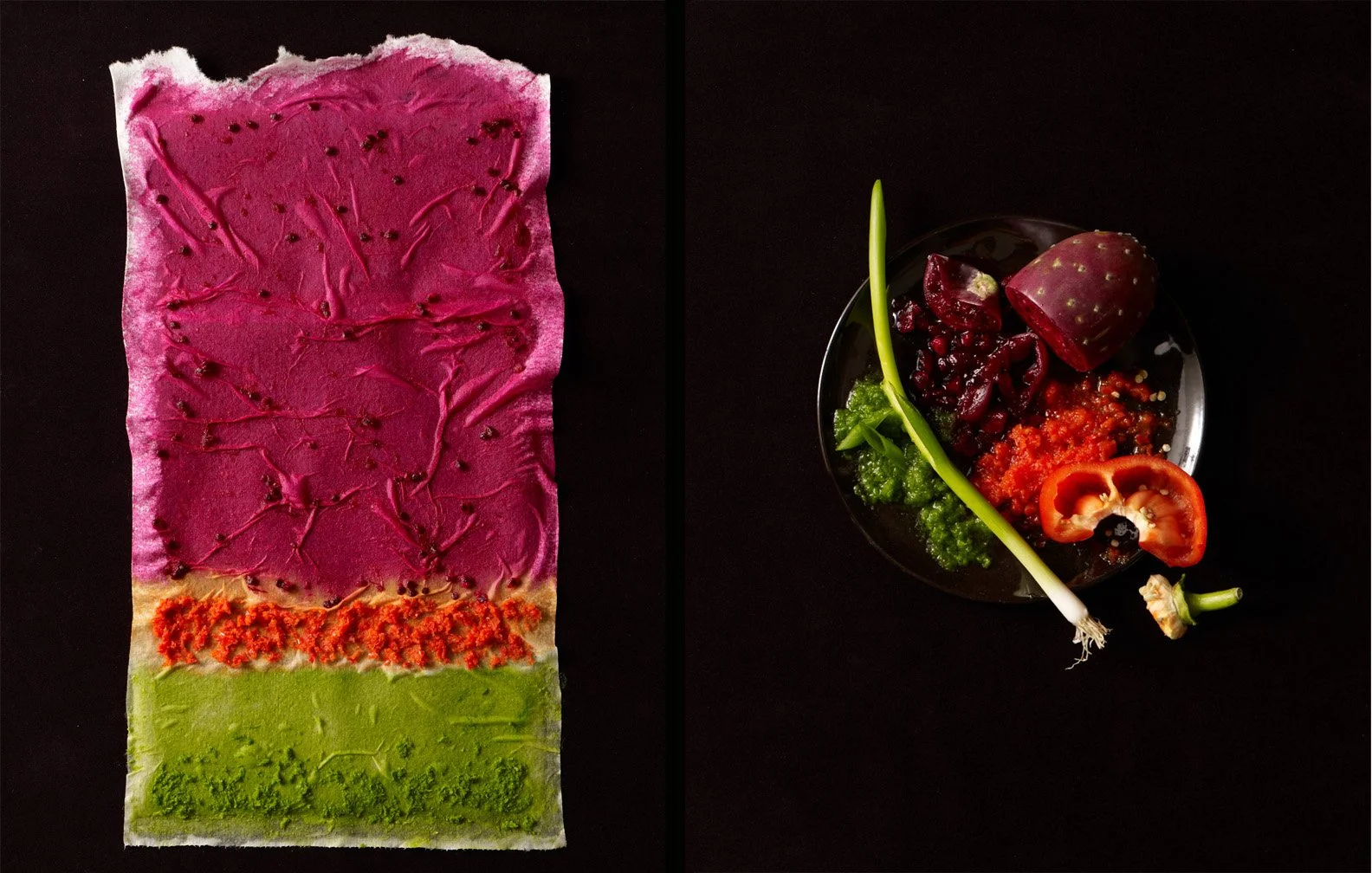 Art Textures Food Stylist Charlotte Omnes & Photographer Beth Galton-Colorful layered vegetable paste on paper with a plate of fresh vegetables and fruits including prickly pear, red bell pepper, green onion, and greens on a dark background. Rothko