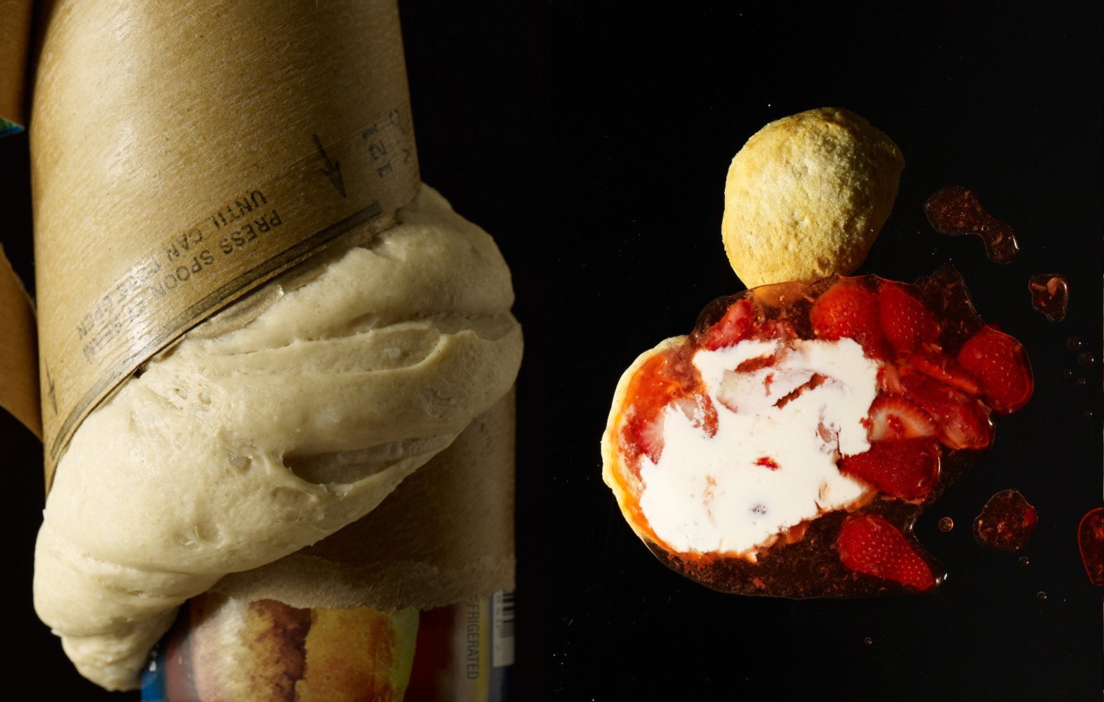 Food Stylist Charlotte Omnes & Photographer Beth Galton-Unbaked biscuit dough partially unrolled from packaging, next to a dessert topped with strawberries and cream on a black surface.
