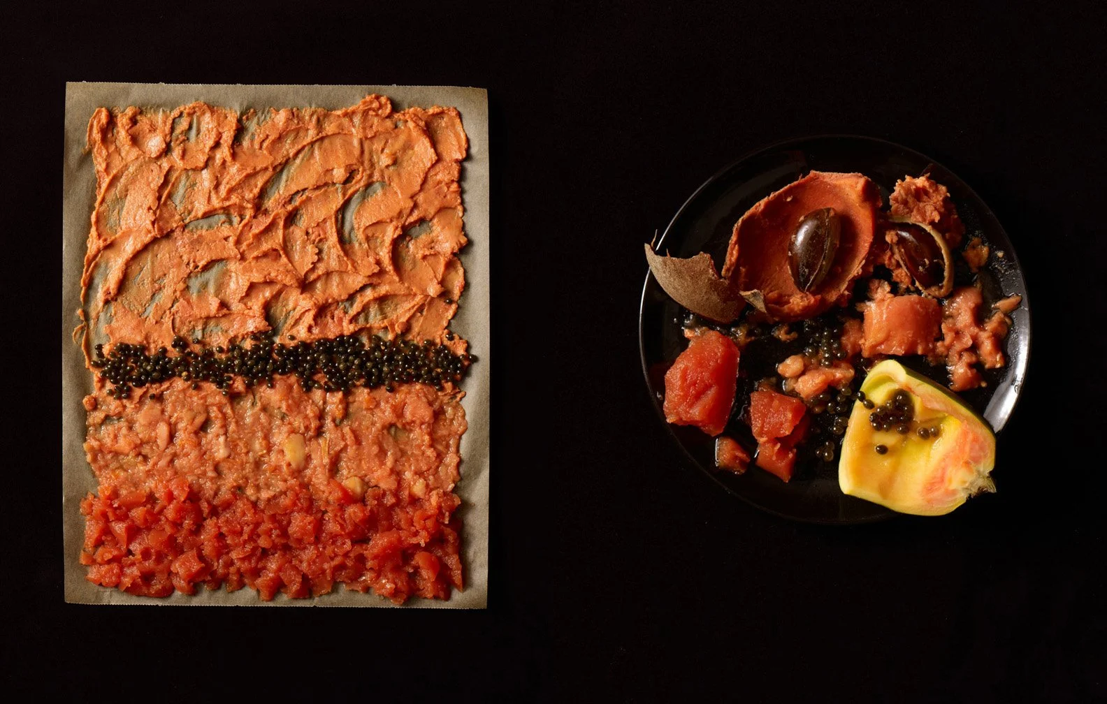 Art Textures Food Stylist Charlotte Omnes & Photographer Beth Galton-Artistic food composition with a textured rectangular spread and scattered fruit pieces with seeds on a dark background. Rothko