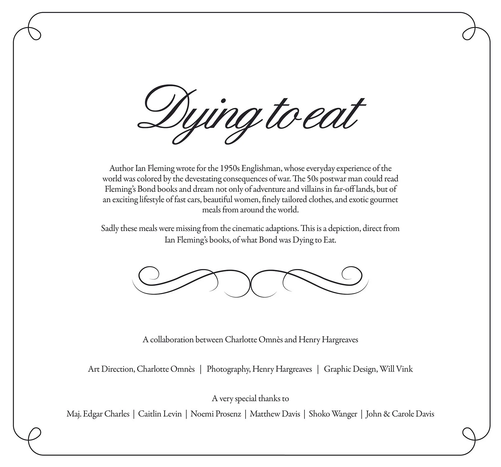 Title "Dying to Eat" in elegant script, with text discussing Ian Fleming's portrayal of exotic meals in James Bond books, missing from films. Credits Charlotte Omnès and Henry Hargreaves for art direction and photography, with special thanks listed at the bottom.