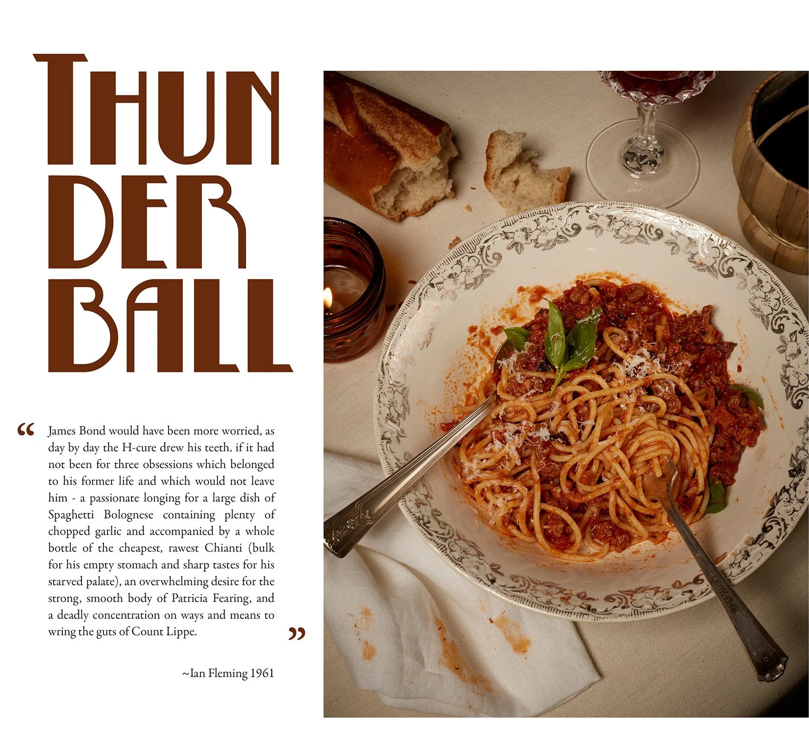 Image of a book page with Ian Fleming's "Thunderball" text on the left and a plate of spaghetti Bolognese with utensils on the right, accompanied by a candle, bread, and wine.