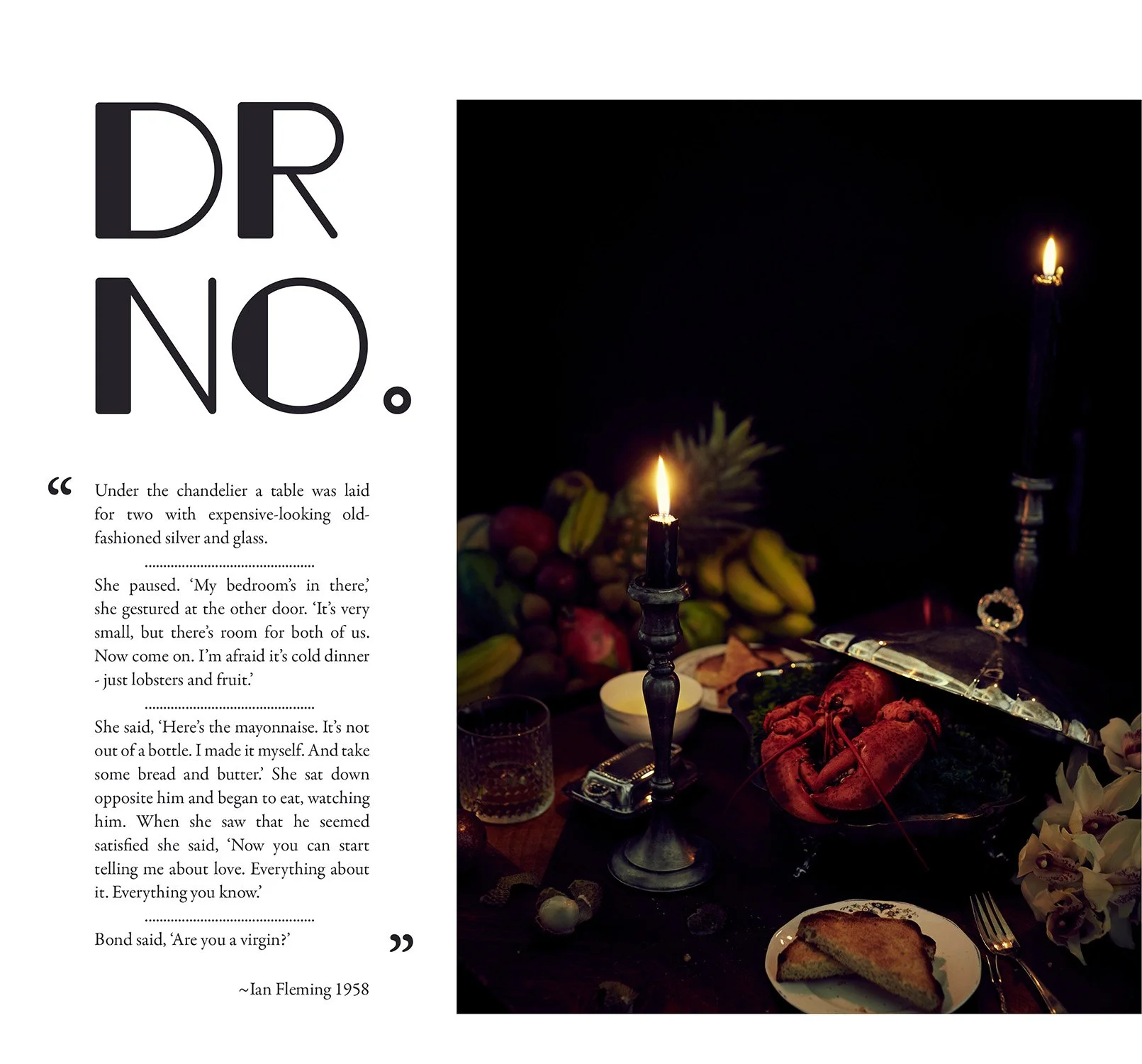 Book page from "Dr. No" featuring a table setting with lobster, fruits, candles, toast, and a drink; text excerpts are from Ian Fleming’s 1958 novel.