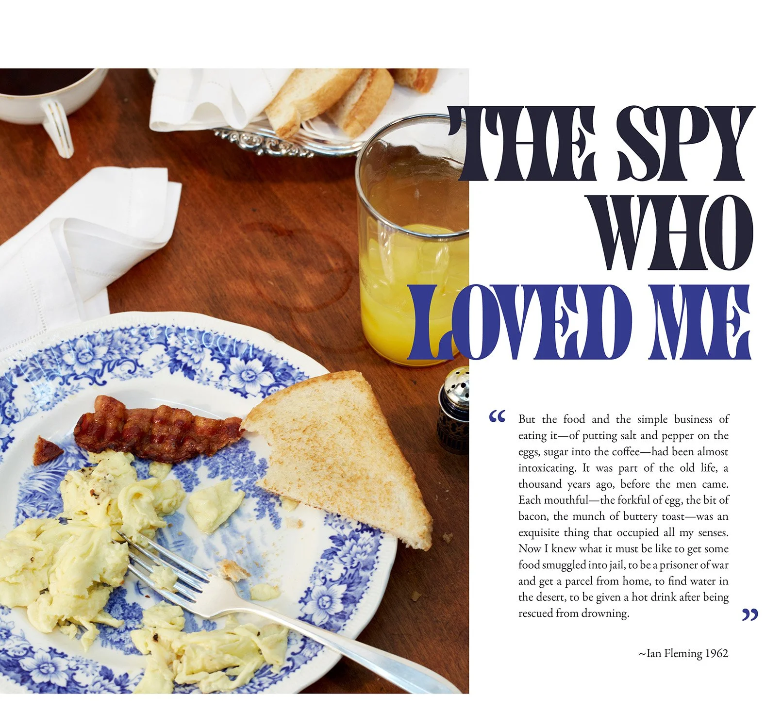 Breakfast scene with scrambled eggs, bacon, and toast on a blue and white plate, along with a glass of orange juice, coffee cup, and text from "The Spy Who Loved Me" by Ian Fleming.