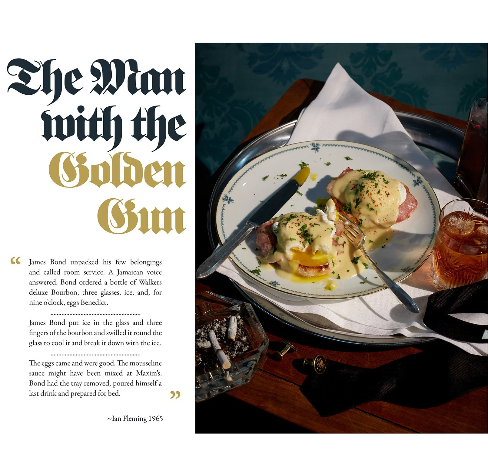 James Bond-themed image featuring text from 'The Man with the Golden Gun' and a plate of eggs Benedict next to a glass of bourbon, a black tie, and an ashtray with cigarettes.
