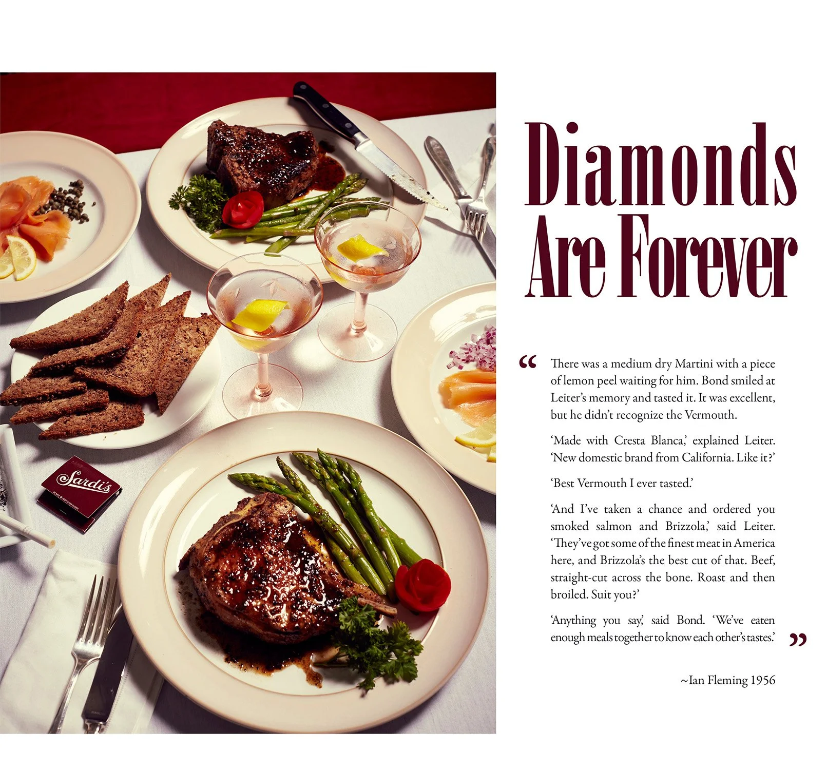 A lavish dinner spread featuring salmon slices, rye bread, steak with asparagus, and garnishes on plates, accompanied by two cocktails. "Sardi's" label visible. "Diamonds Are Forever" text with Ian Fleming's excerpt on the right.