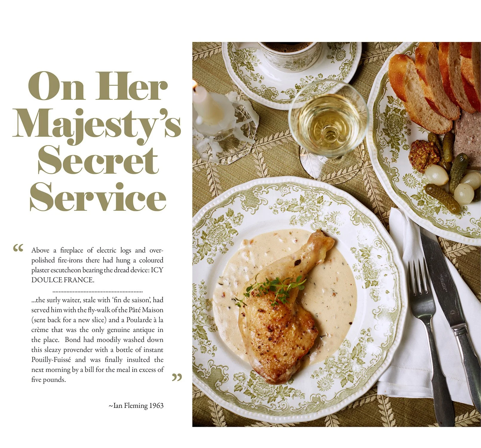A table setting with a plate of chicken in a creamy sauce, bread with mustard and pickles, a glass of white wine, and coffee. Text beside the image reads "On Her Majesty's Secret Service."