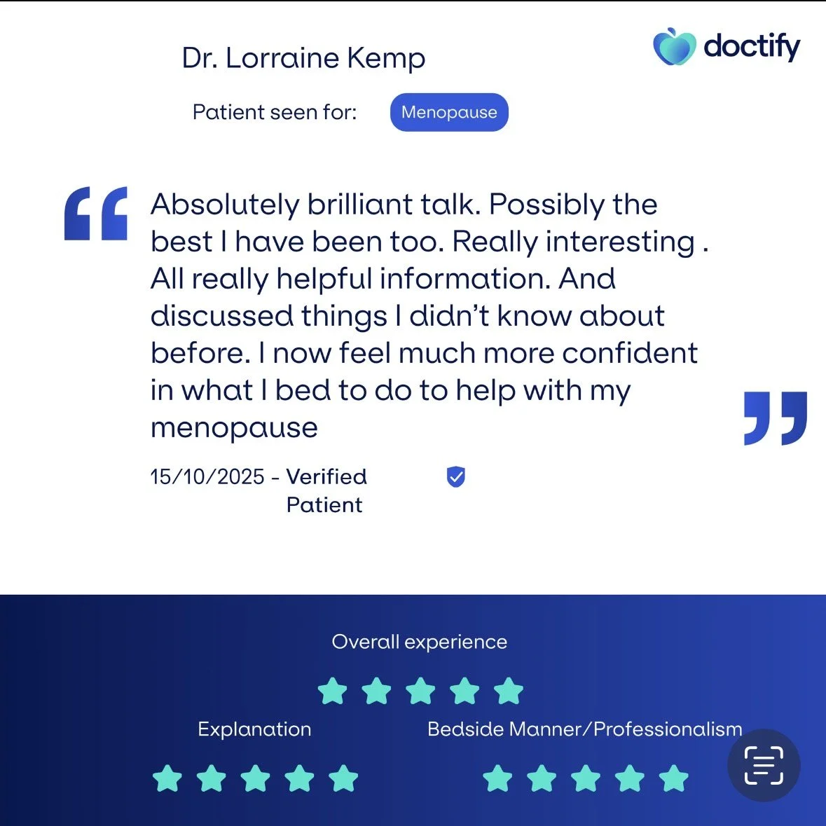 Review from a patient named Dr. Lorraine Kemp about a menopause consultation, with positive ratings for overall experience, explanation, bedside manner, and professionalism.