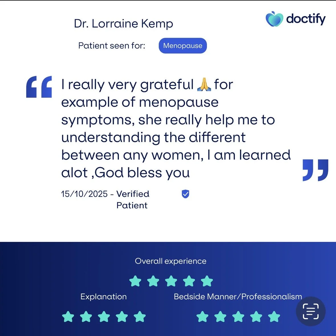 Testimonial card from Dr. Lorraine Kemp regarding menopause, dated 15/10/2025, with a five-star overall experience for explanation and bedside manner, including a Doctify logo.