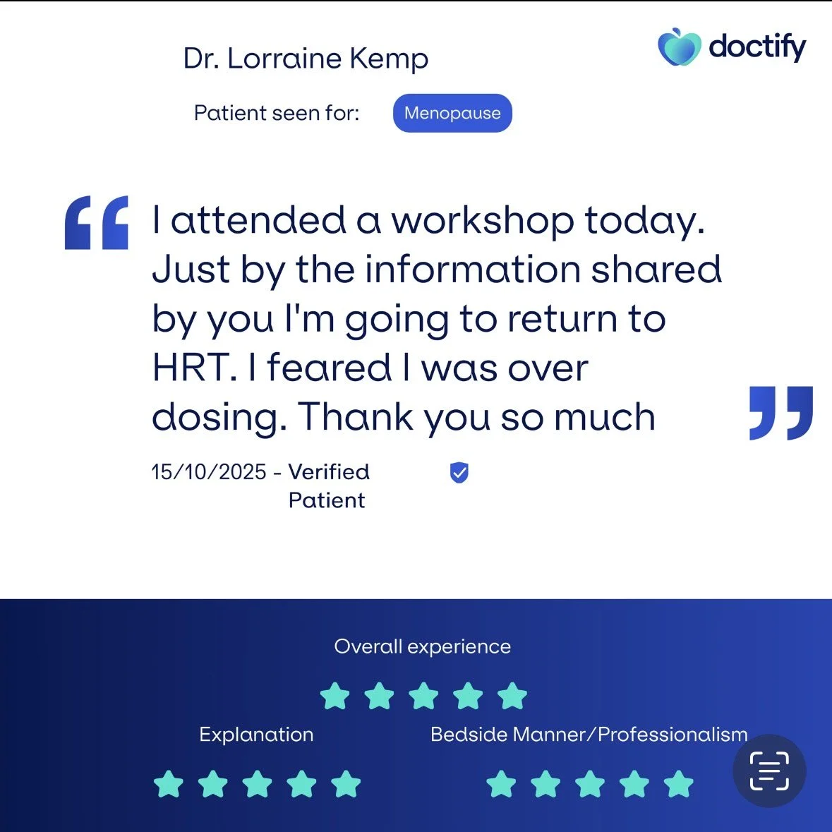 Patient review from Dr. Lorraine Kemp about menopause counseling at Doctify. Includes a five-star overall experience, with ratings for explanation and bedside manner/professionalism, dated 15/10/2025, signed by a verified patient.